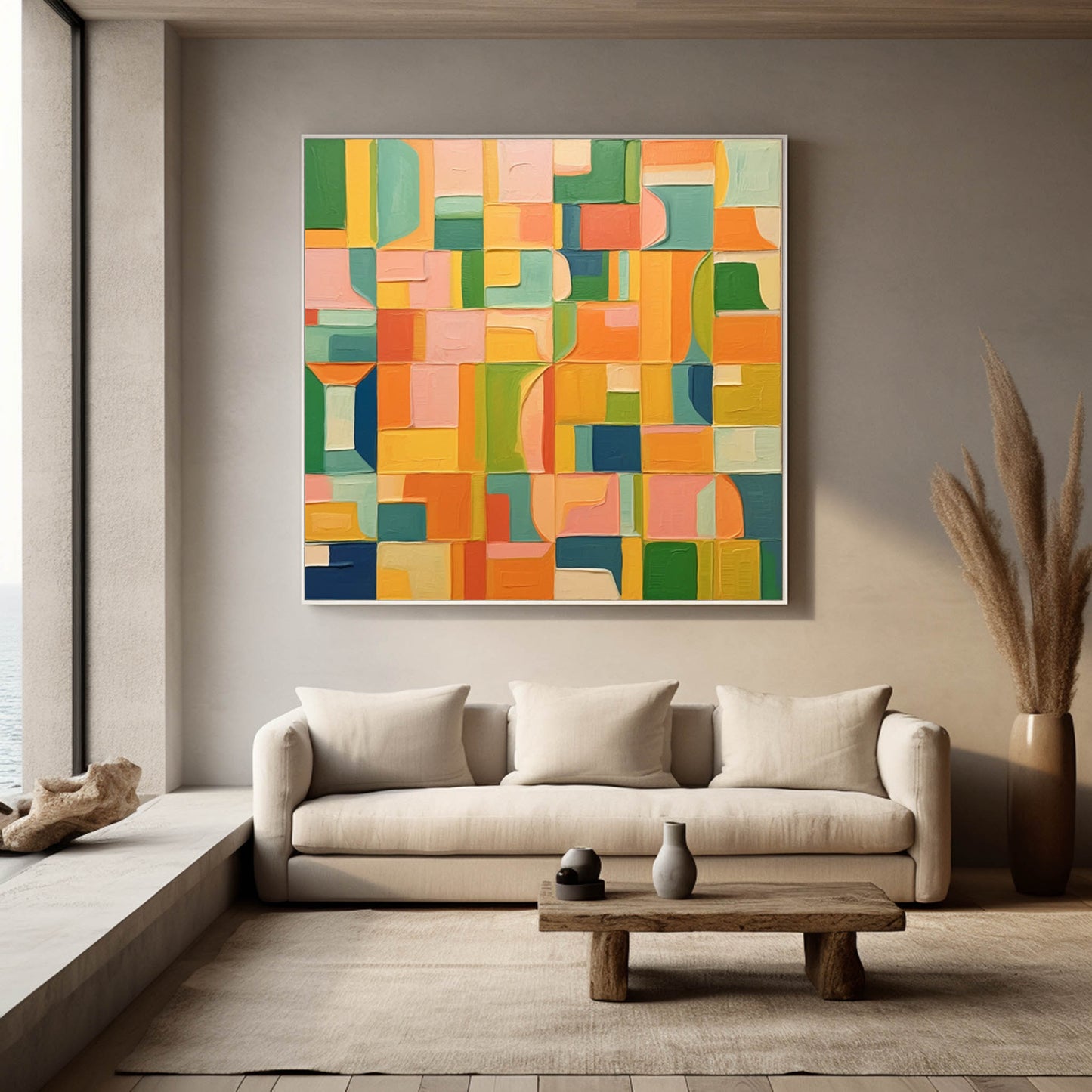 Colorful Geometric Abstract Oil Painting for Modern Home Decor