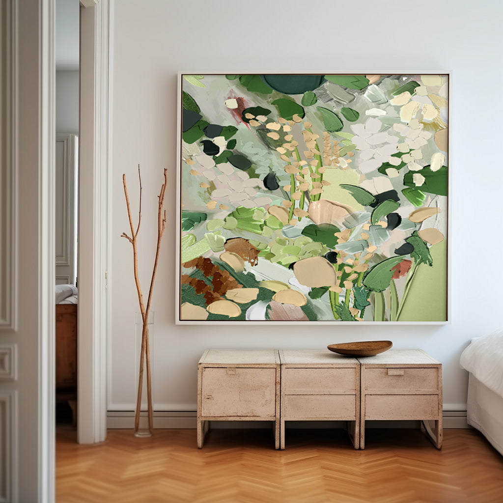 Delicate Floral Oil Painting for Elegant Home Decor in Soft Green Tones