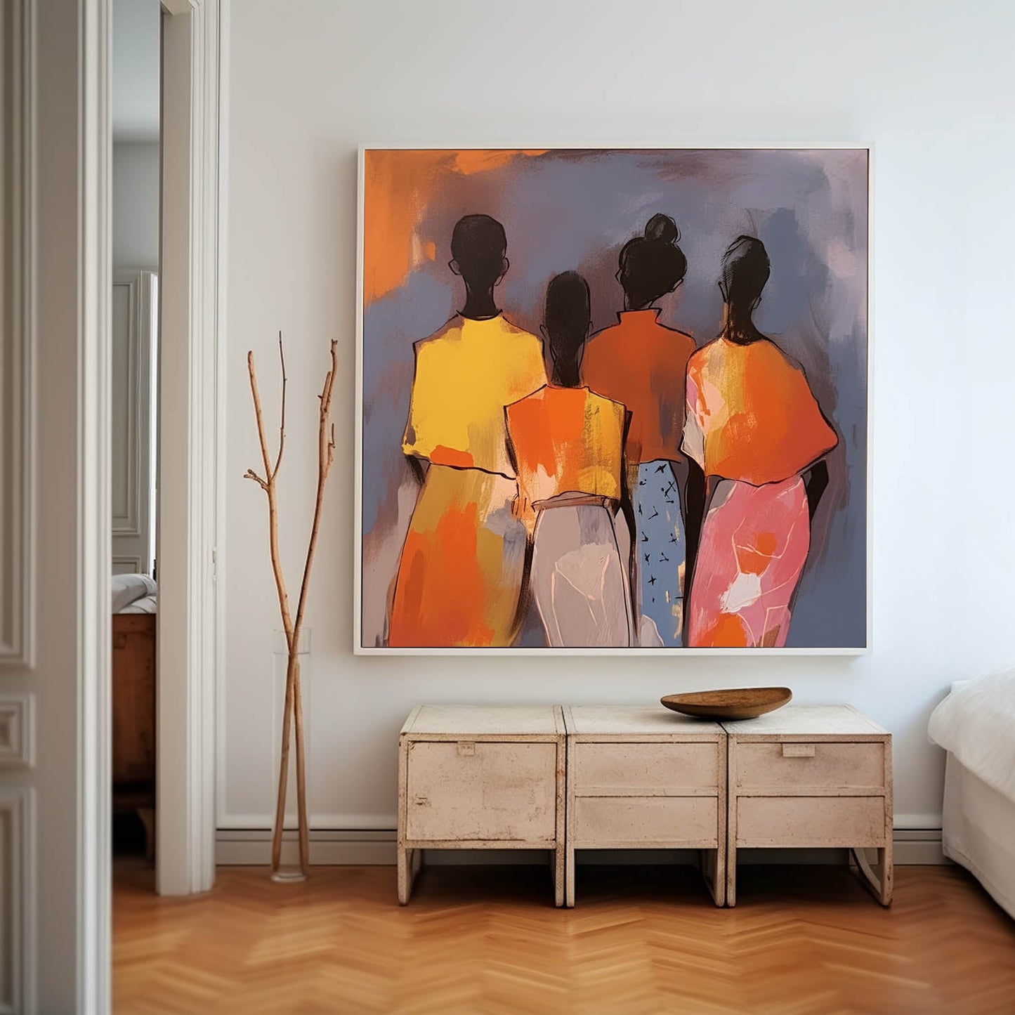 Colorful Abstract Oil Painting of Four Figures on Canvas