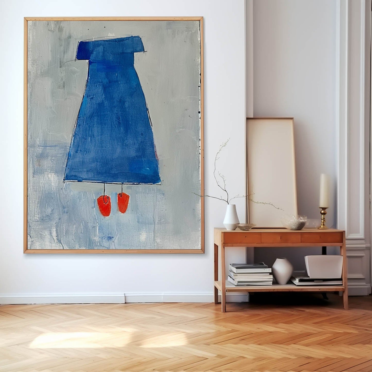 Chic Minimalist Blue Dress Oil Painting for Modern Home Decor