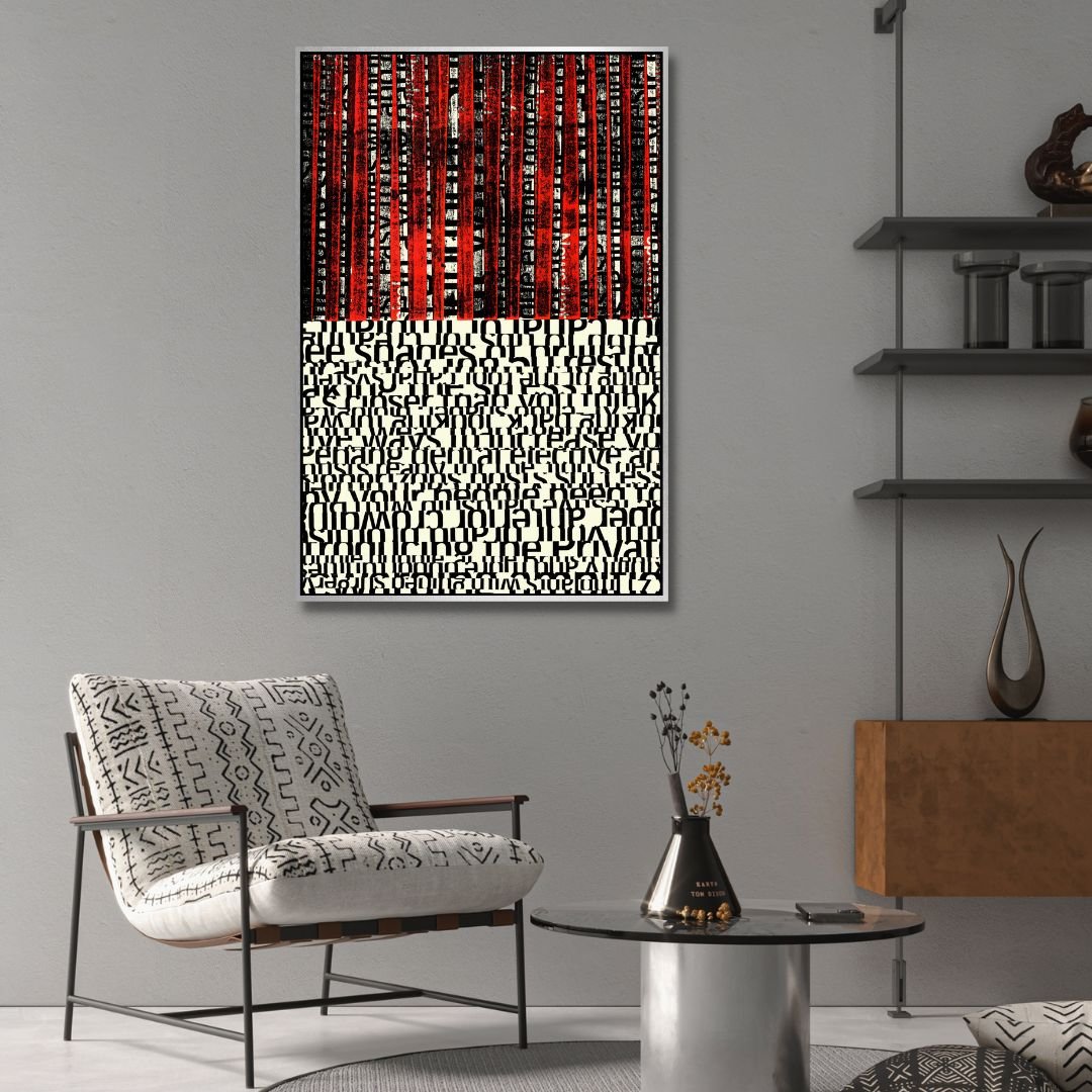Bold Black and Red Abstract Typography Oil Painting for Modern Art Decor