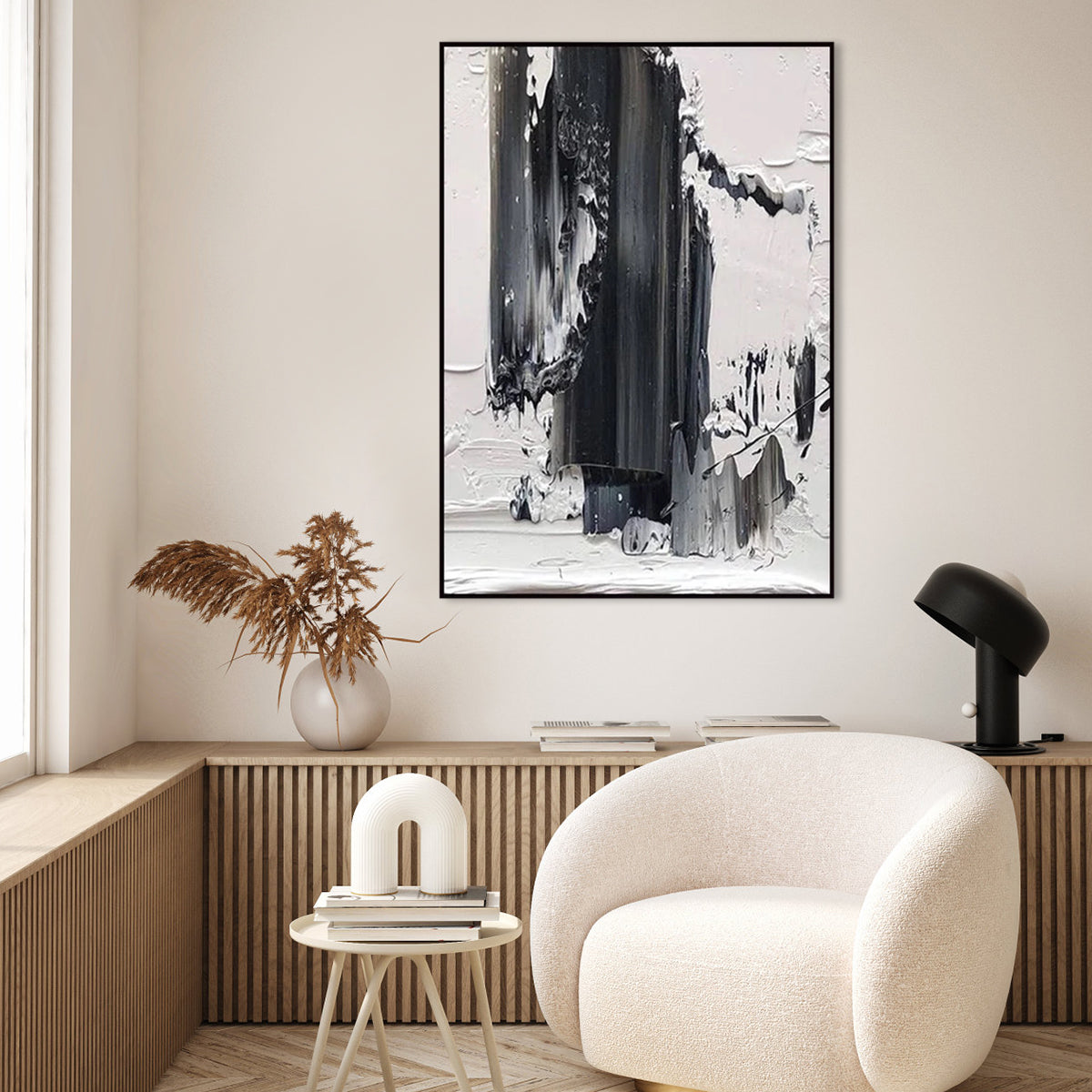 Elegant Monochromatic Abstract Oil Painting for Modern Home Decor