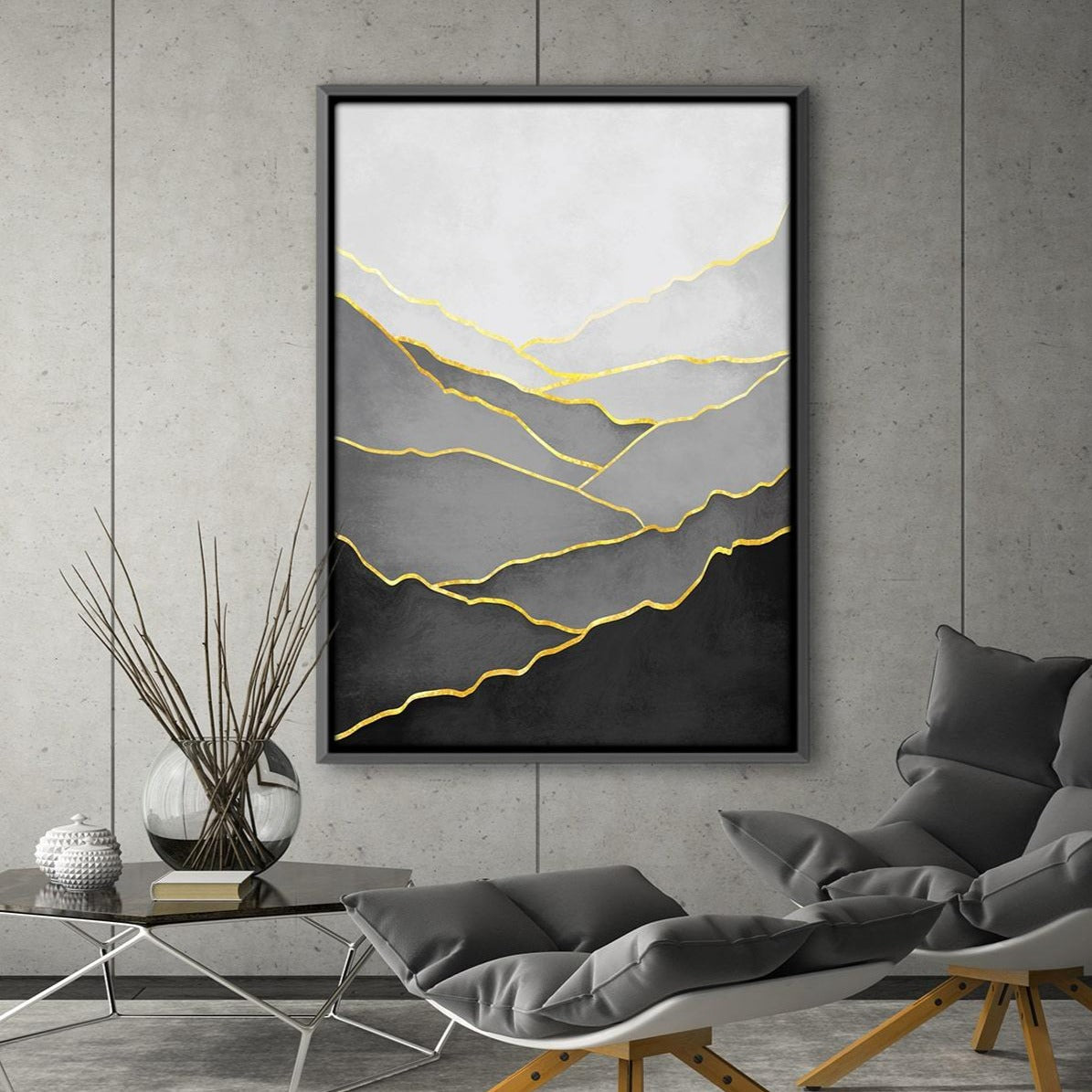 Abstract Black and Gold Landscape Oil Painting for Modern Home Decor