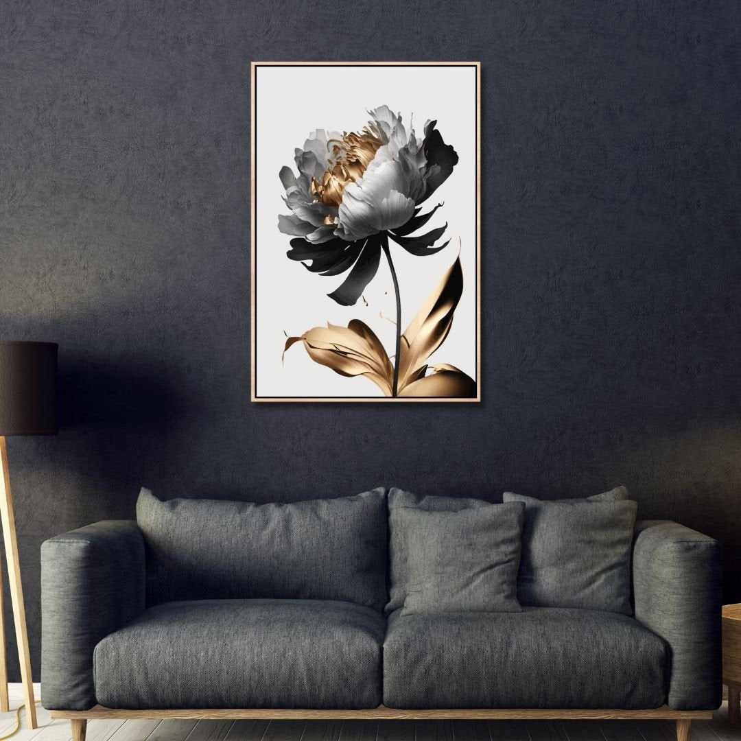 Elegant Black, White, and Gold Floral Abstract Oil Painting for Modern Home Decor