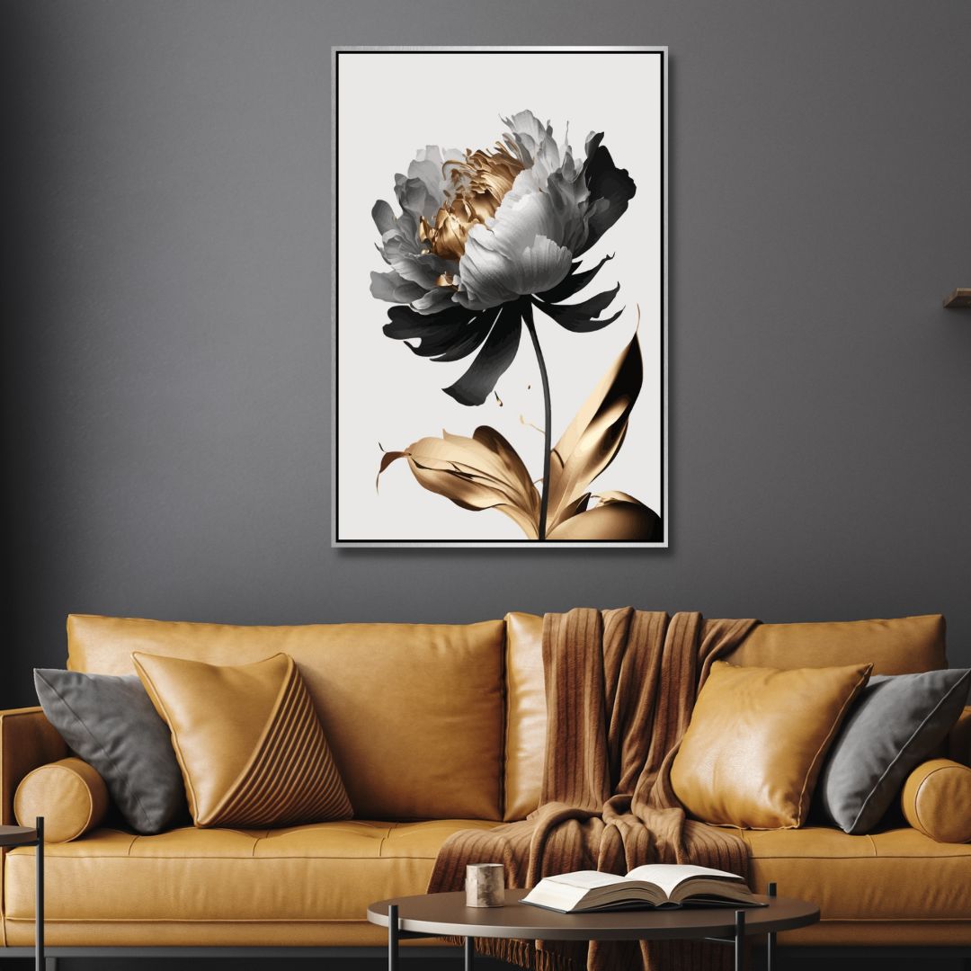 Elegant Black, White, and Gold Floral Abstract Oil Painting for Modern Home Decor
