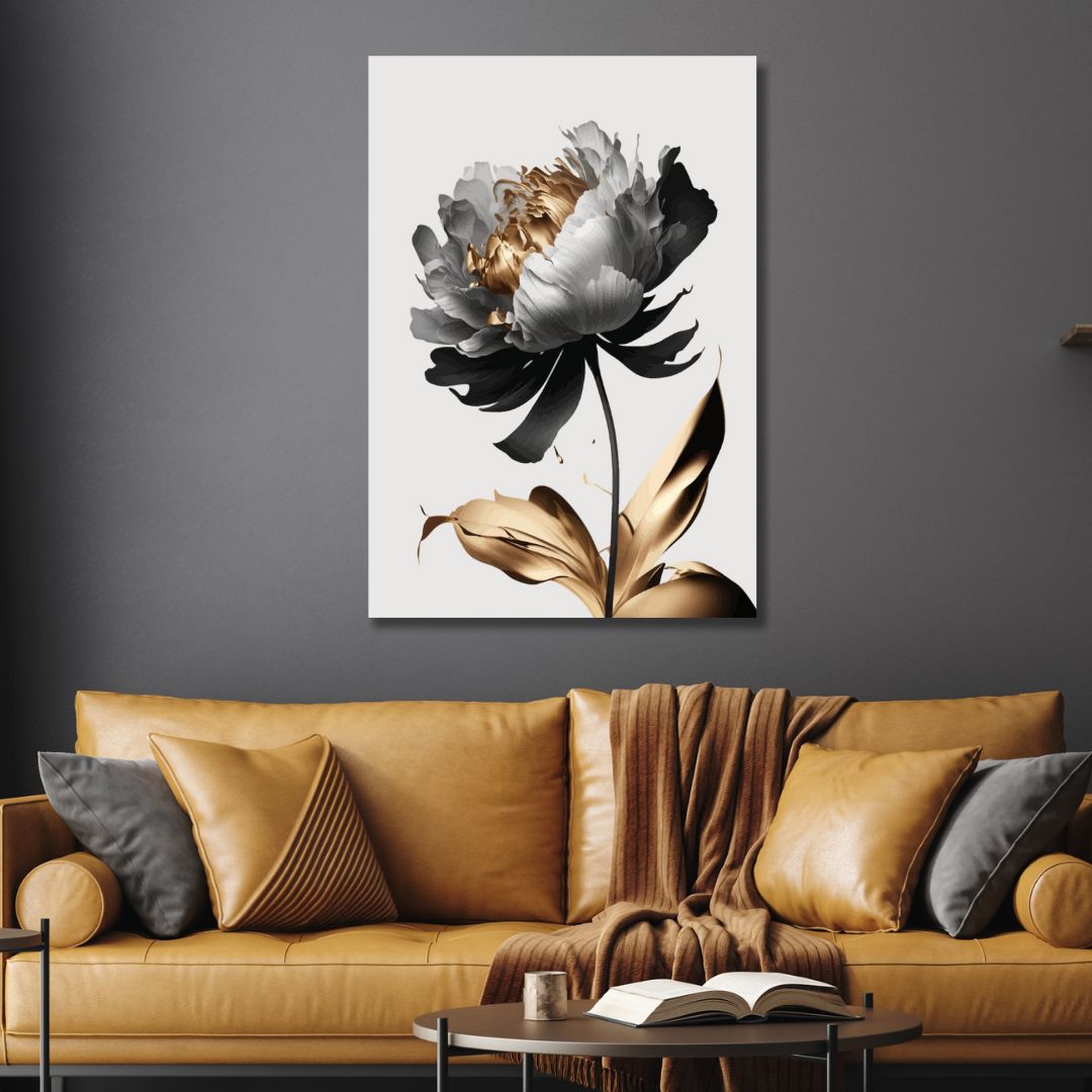 Elegant Black, White, and Gold Floral Abstract Oil Painting for Modern Home Decor