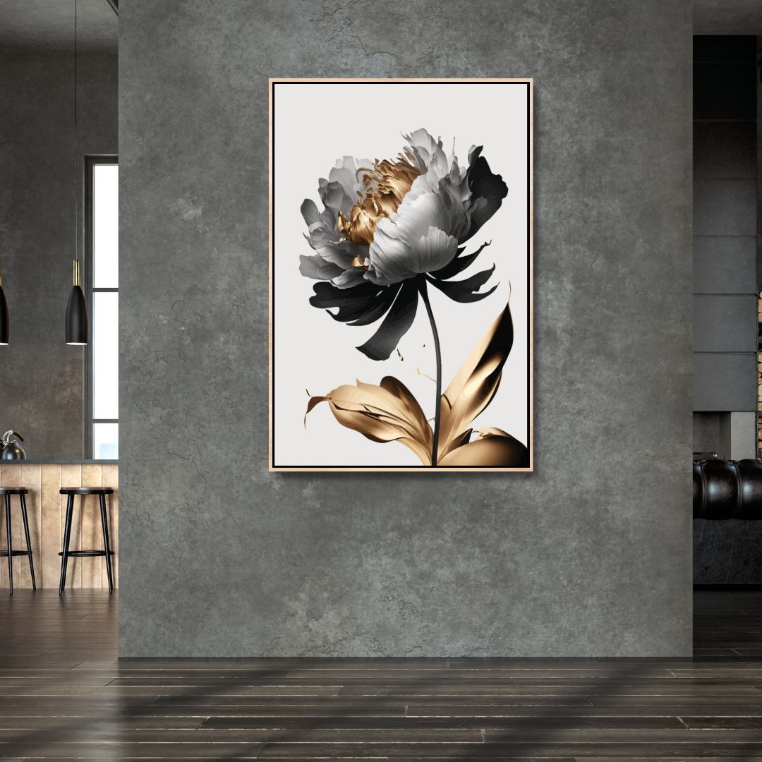 Elegant Black, White, and Gold Floral Abstract Oil Painting for Modern Home Decor