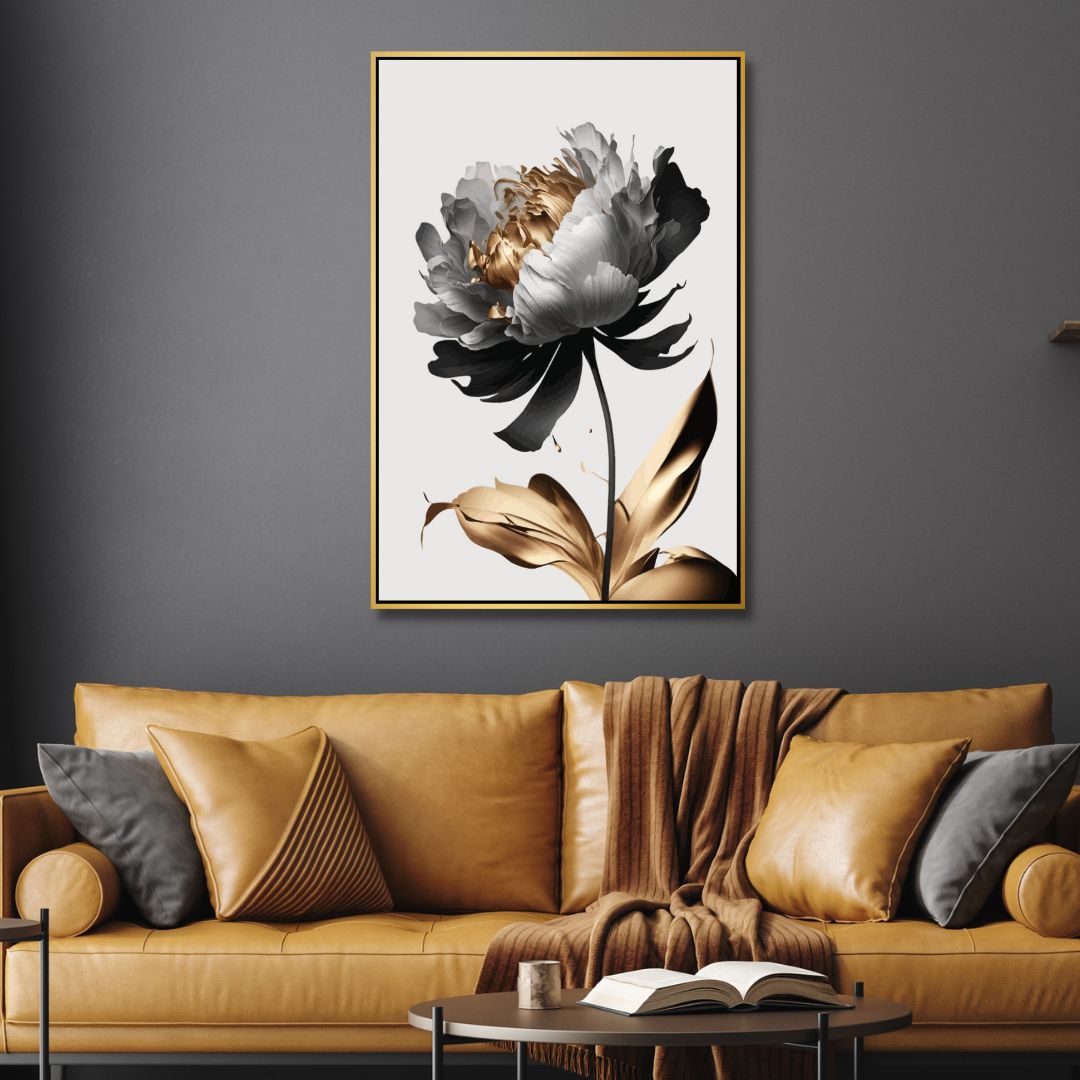 Elegant Black, White, and Gold Floral Abstract Oil Painting for Modern Home Decor
