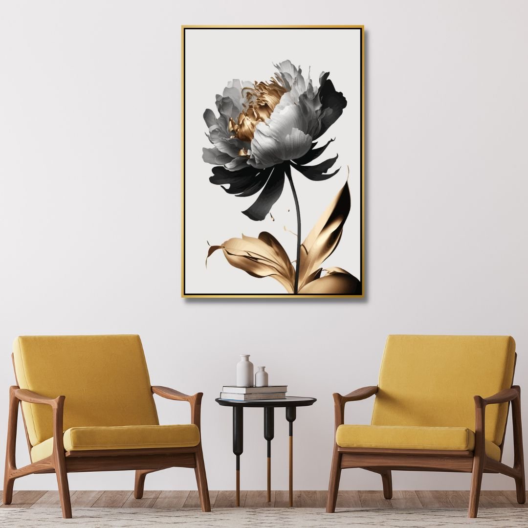 Elegant Black, White, and Gold Floral Abstract Oil Painting for Modern Home Decor