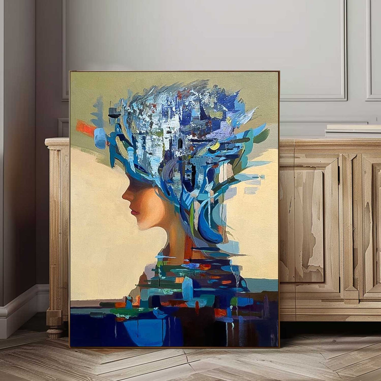 Abstract Woman's Profile Oil Painting with Vibrant Colors and Artistic Flair