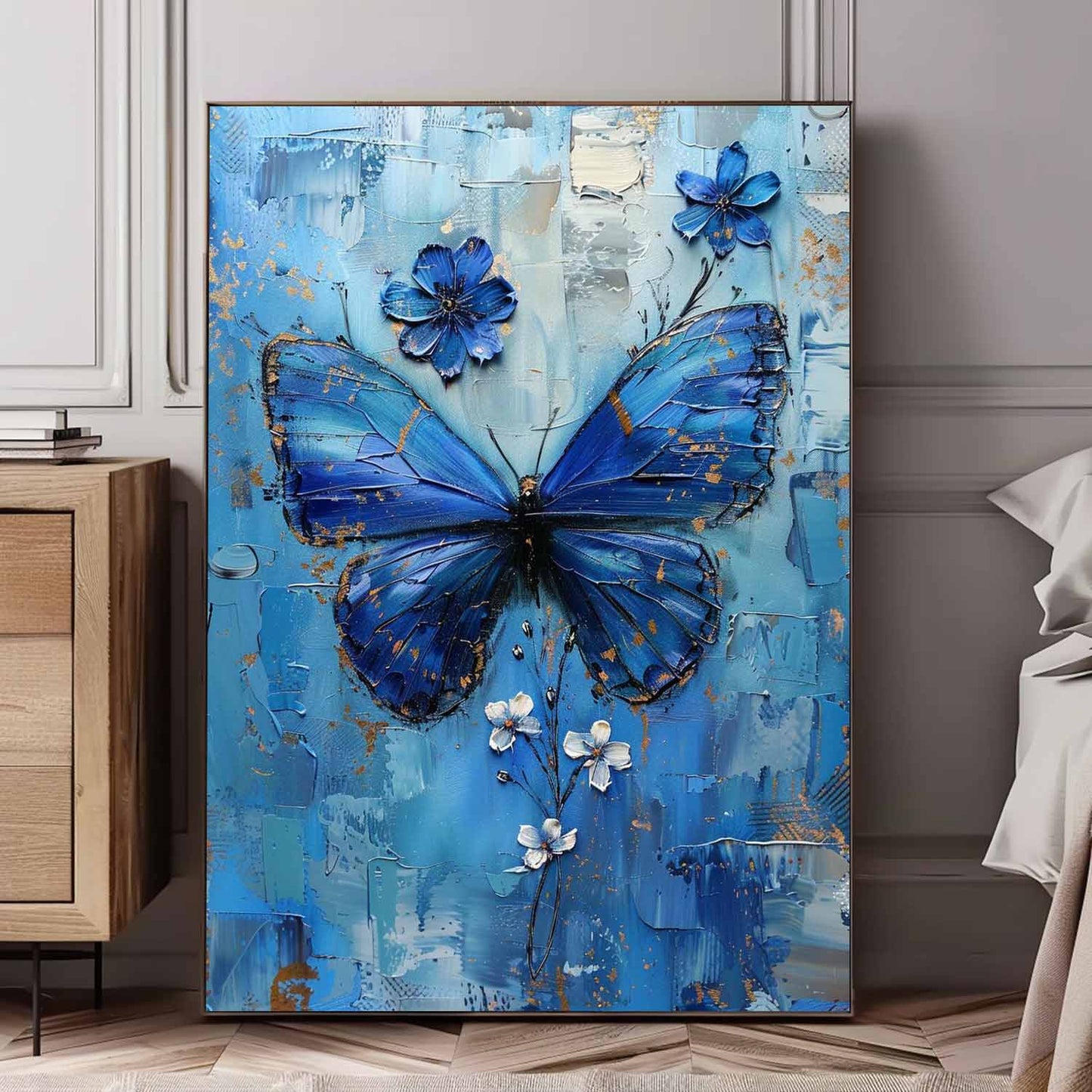 Beautiful Blue Butterfly Oil Painting with Floral Accents for Elegant Home Decor