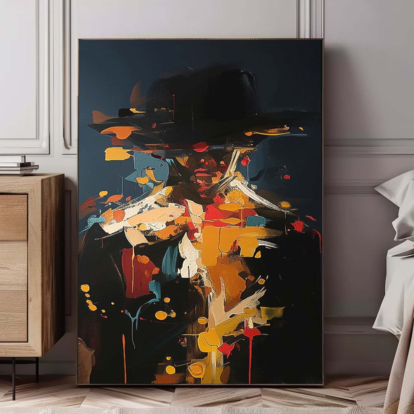 Abstract Figure Oil Painting with Bold Colors and Unique Hat Design