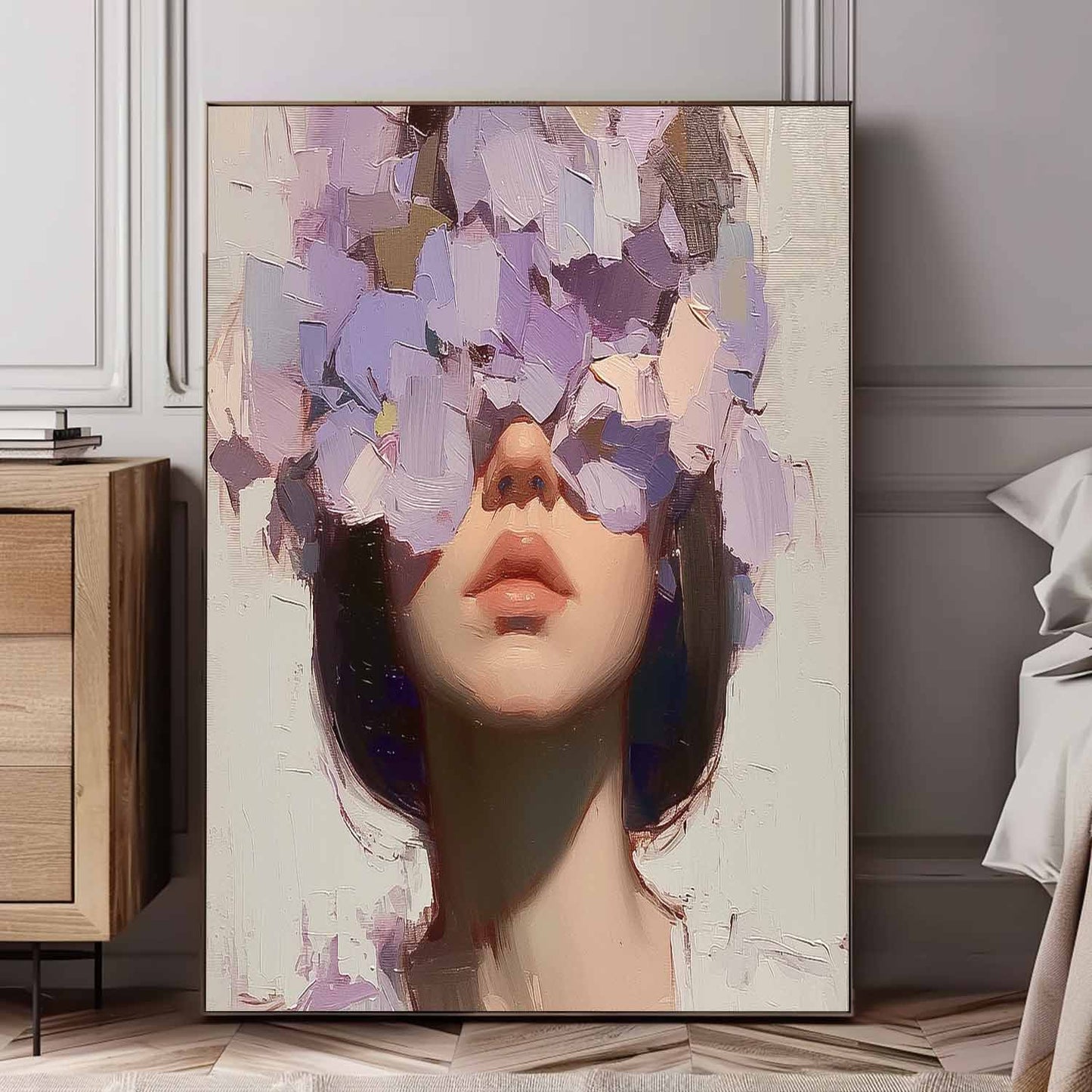 Floral Concealment: Stunning Oil Painting of a Woman Surrounded by Blossoms