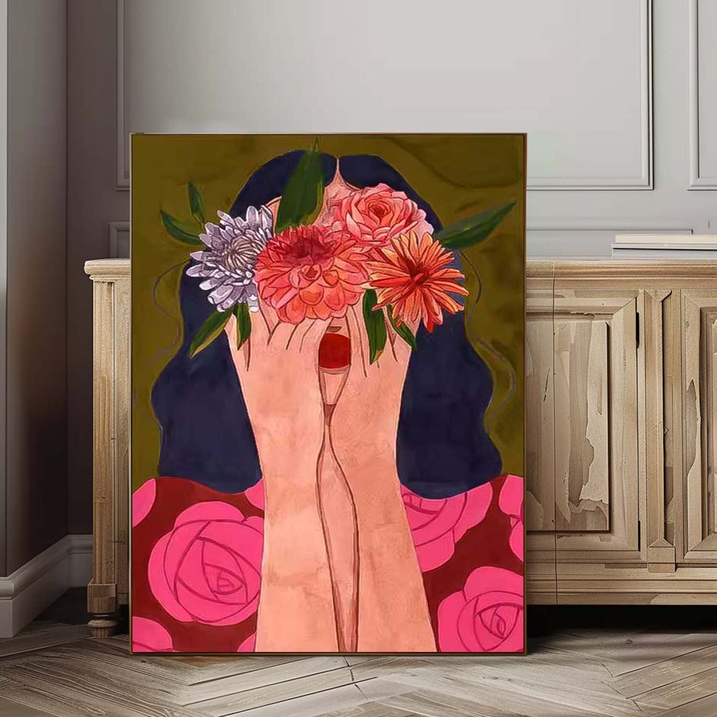 Vibrant Floral Embrace: Expressive Oil Painting of Hands and Blooms
