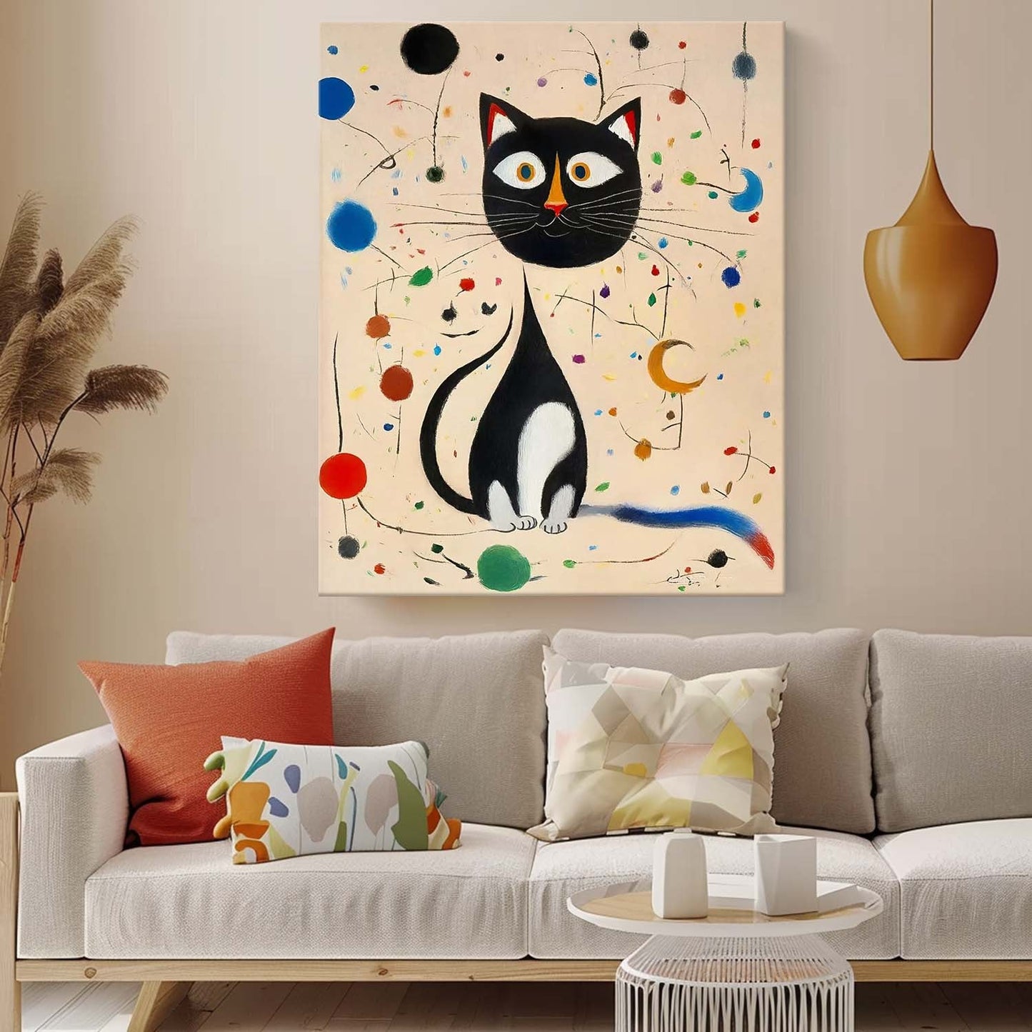 Charming Black Cat Oil Painting with Colorful Abstract Surroundings