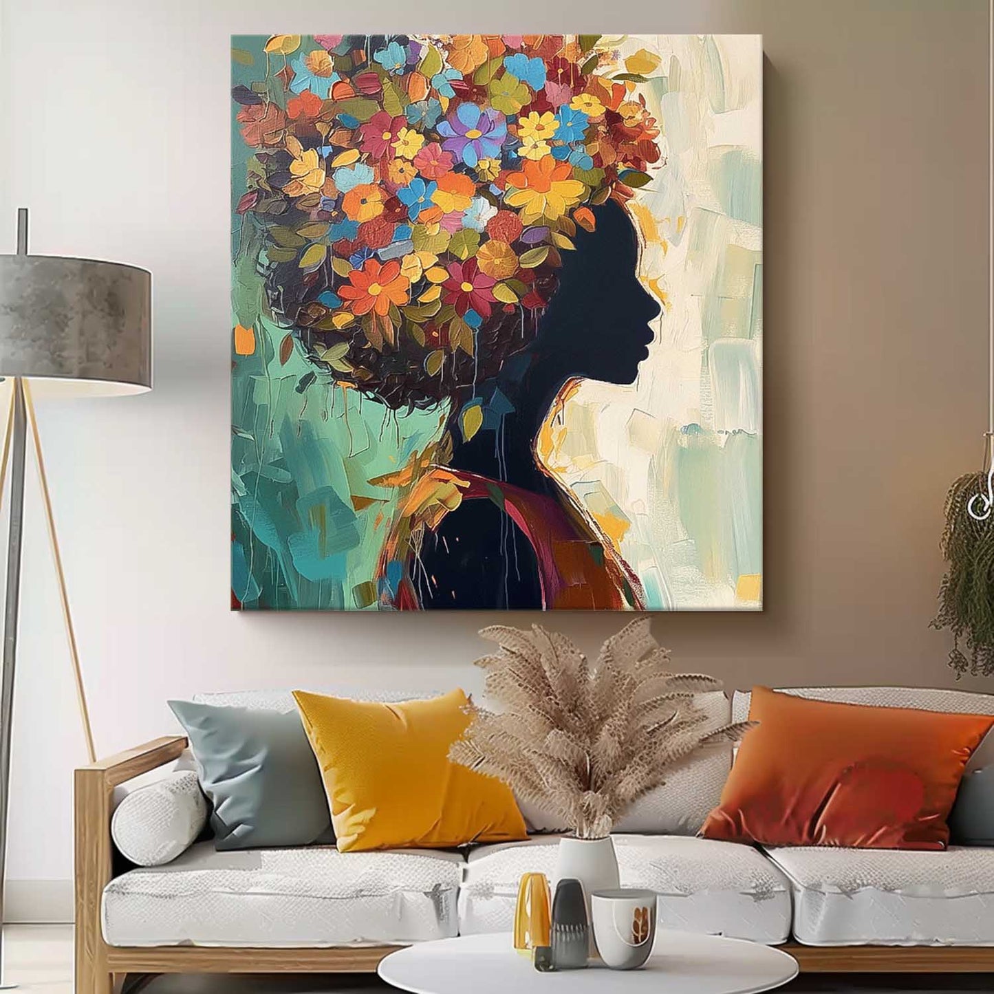 Colorful Floral Silhouette Oil Painting | Vibrant Canvas Wall Art for Home Decor