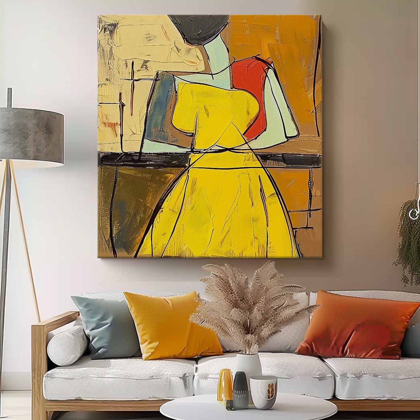 Colorful Abstract Oil Painting of a Woman in Yellow Dress - Modern Canvas Art