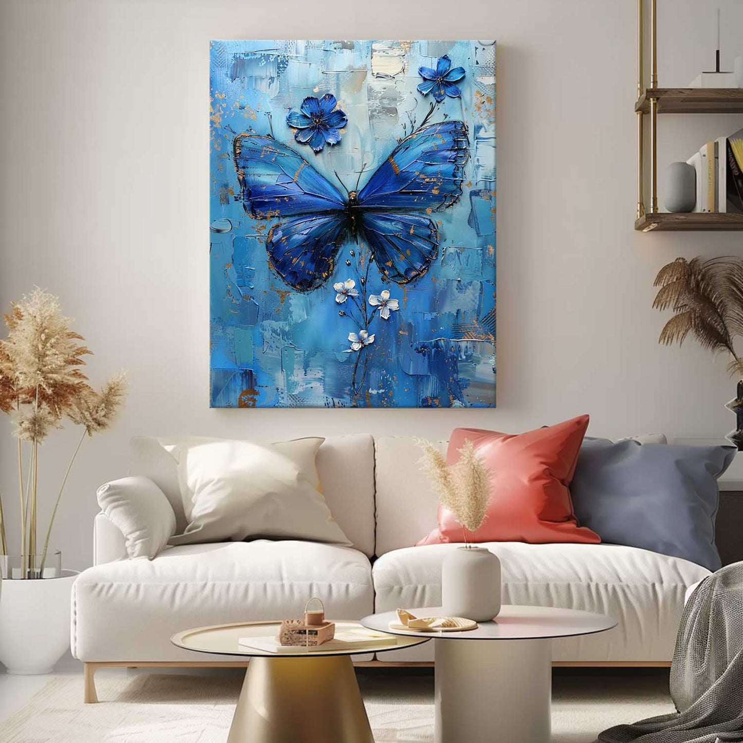 Beautiful Blue Butterfly Oil Painting with Floral Accents for Elegant Home Decor