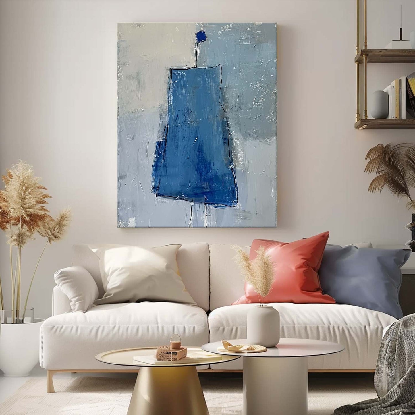 Abstract Blue Minimalist Oil Painting for Contemporary Home Decor