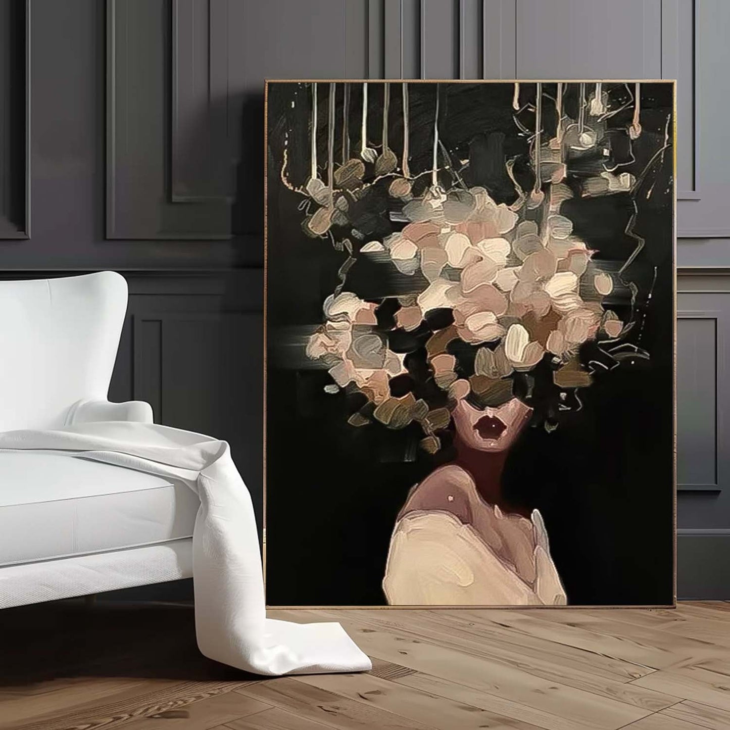 Elegant Woman with Floral Headpiece - Modern Oil Painting for Home Decor