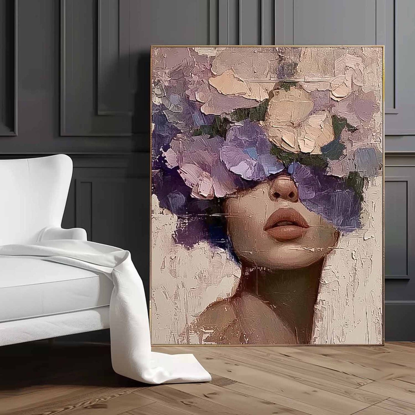 Floral Portrait Oil Painting - Elegant Woman with Flower Crown Canvas Art