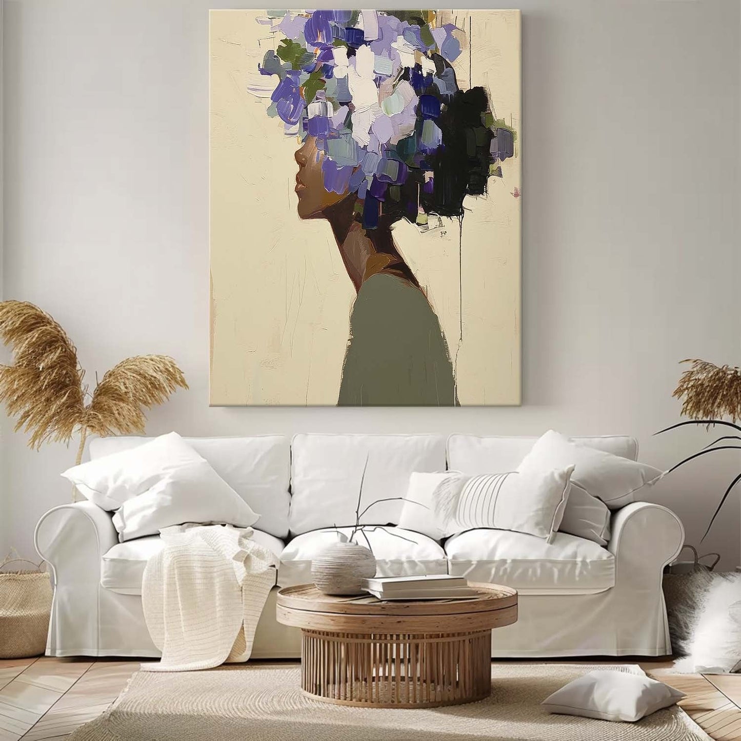 Elegant Woman Silhouette with Vibrant Floral Hair - Contemporary Oil Painting