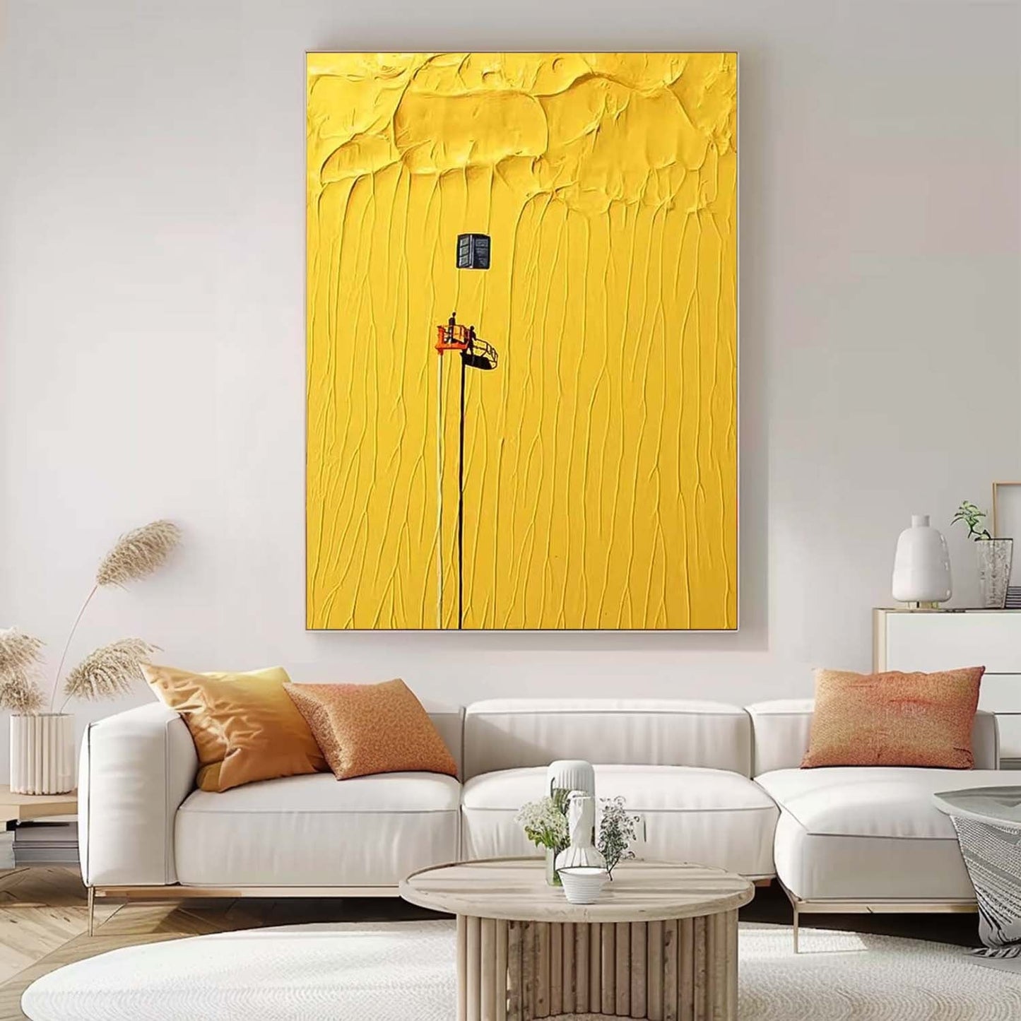 Vibrant Yellow Minimalist Oil Painting with Unique Texture and Artistic Detail