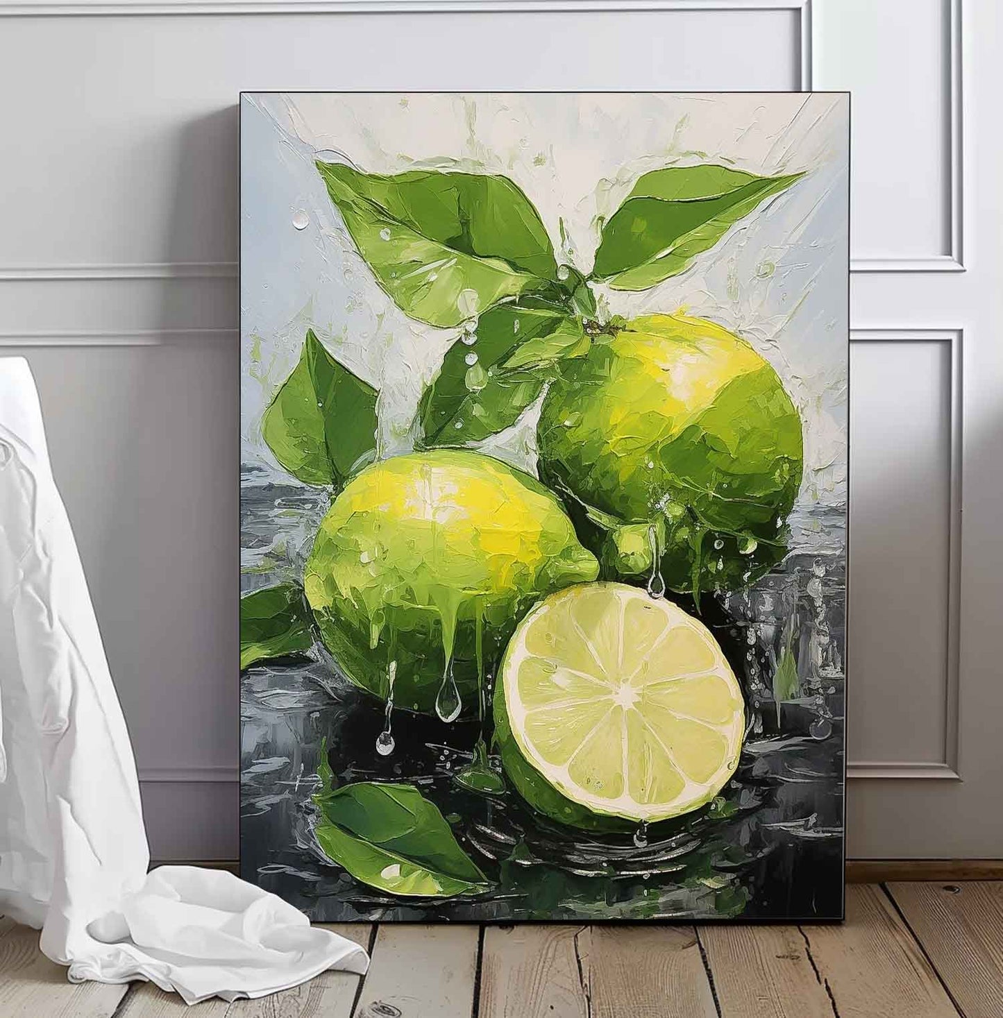 Vibrant Lemon Still Life Oil Painting with Fresh Leaves and Water Drops
