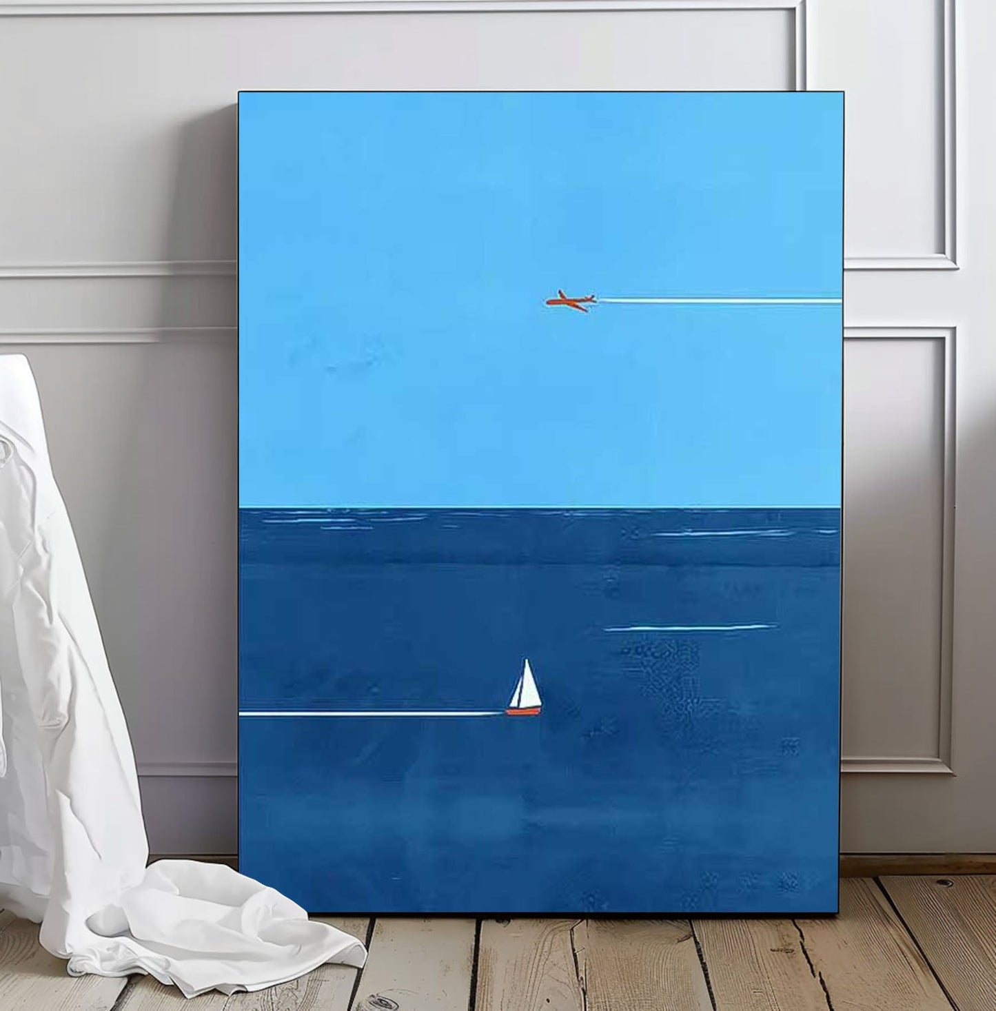 Serene Blue Minimalist Ocean Scene with Plane and Sailboat Oil Painting for Home Decor