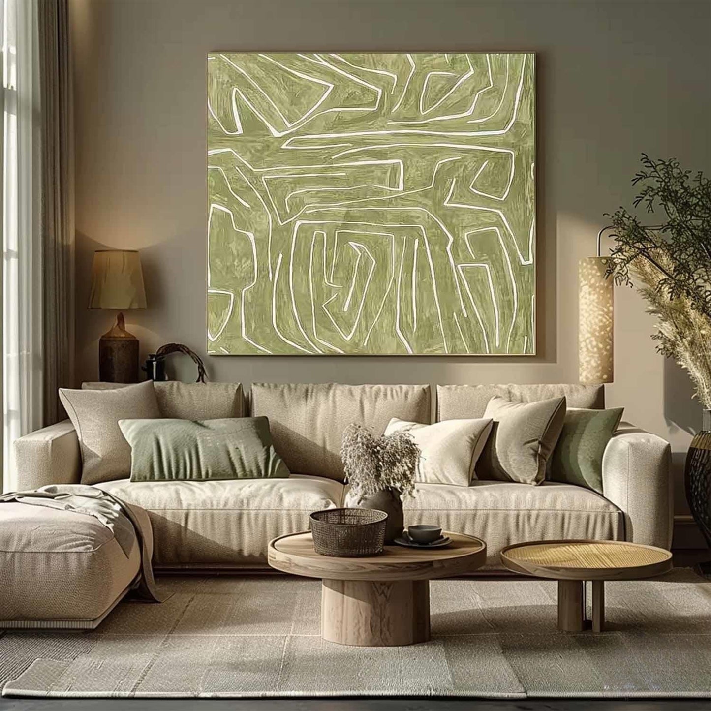 Abstract Green Lines Minimalist Oil Painting for Modern Home Decor