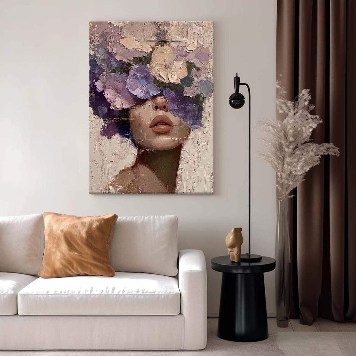 Floral Portrait Oil Painting - Elegant Woman with Flower Crown Canvas Art