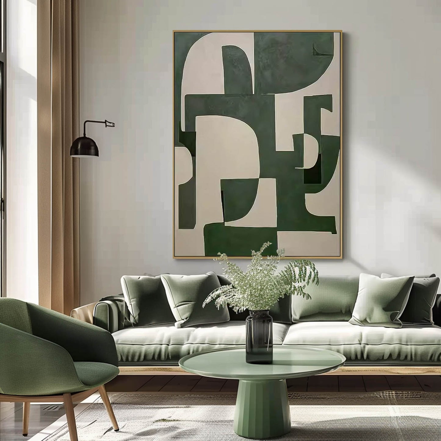 Abstract Green and White Minimalist Oil Painting for Modern Home Decor