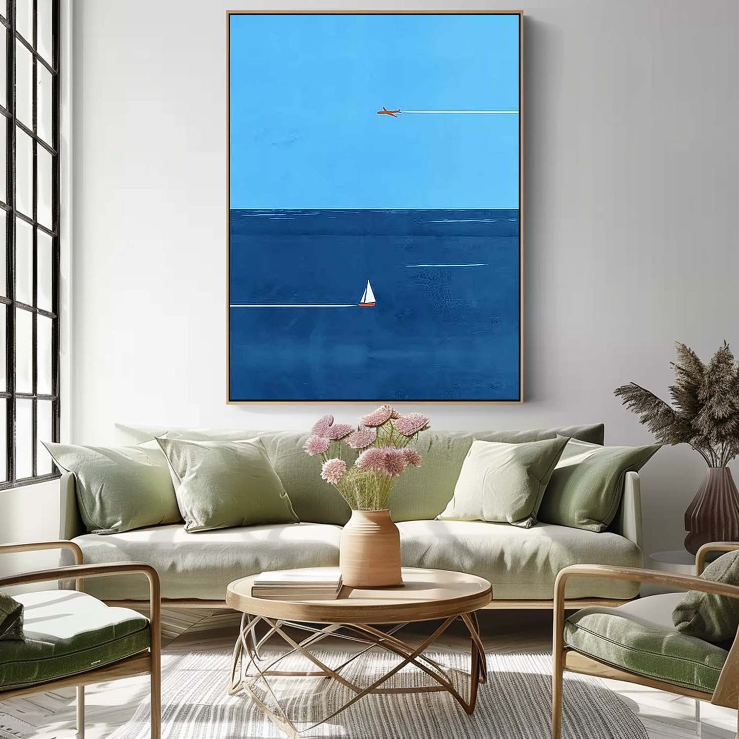 Serene Blue Minimalist Ocean Scene with Plane and Sailboat Oil Painting for Home Decor