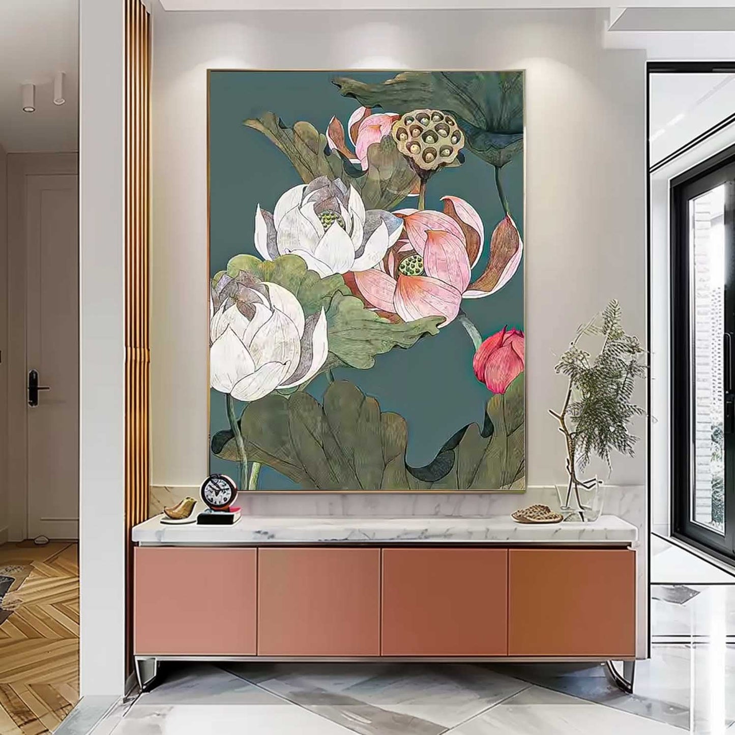 Elegant Lotus Flower Oil Painting on Canvas for Home Decor