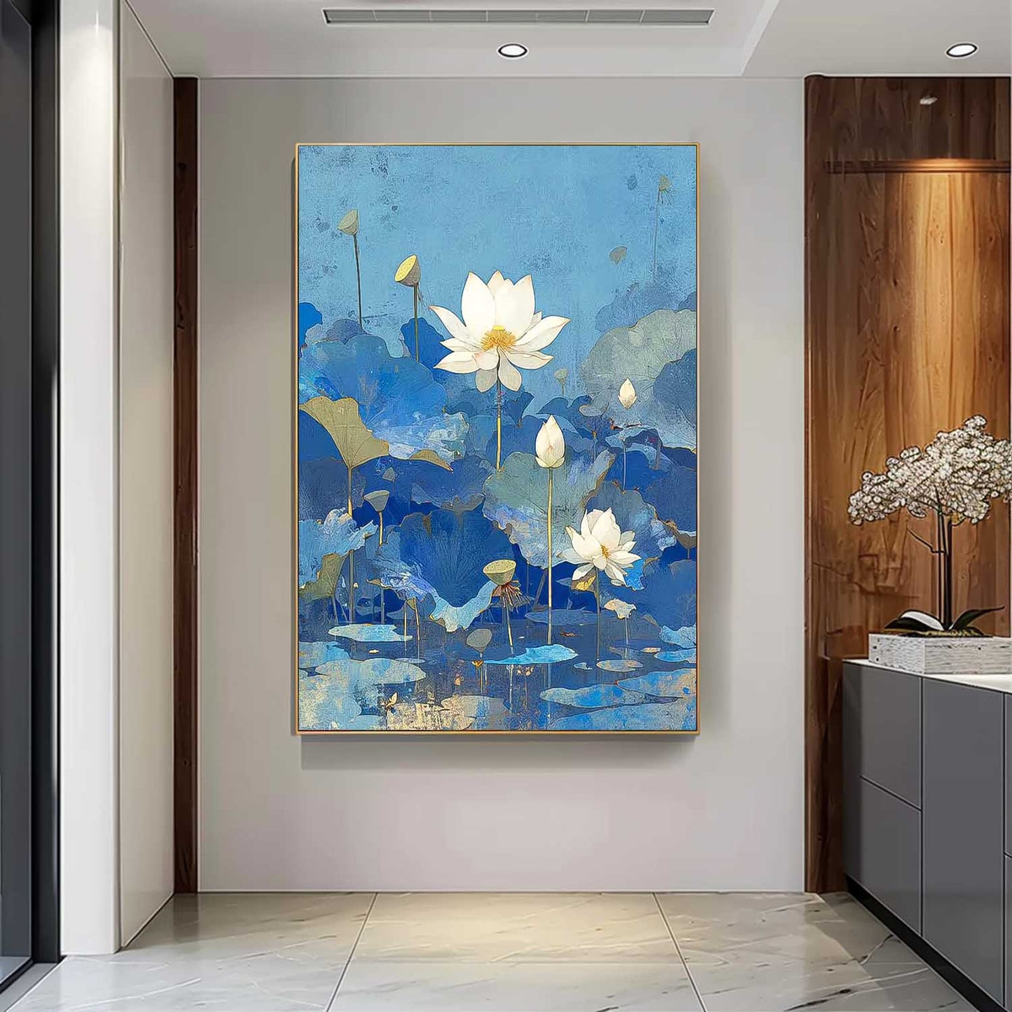 Tranquil Lotus Flowers Oil Painting on Vibrant Blue Canvas