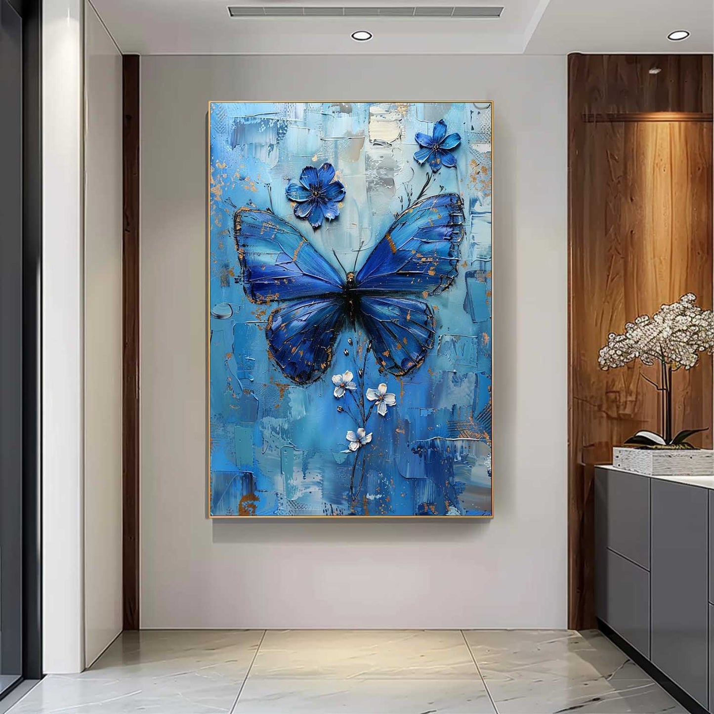 Beautiful Blue Butterfly Oil Painting with Floral Accents for Elegant Home Decor