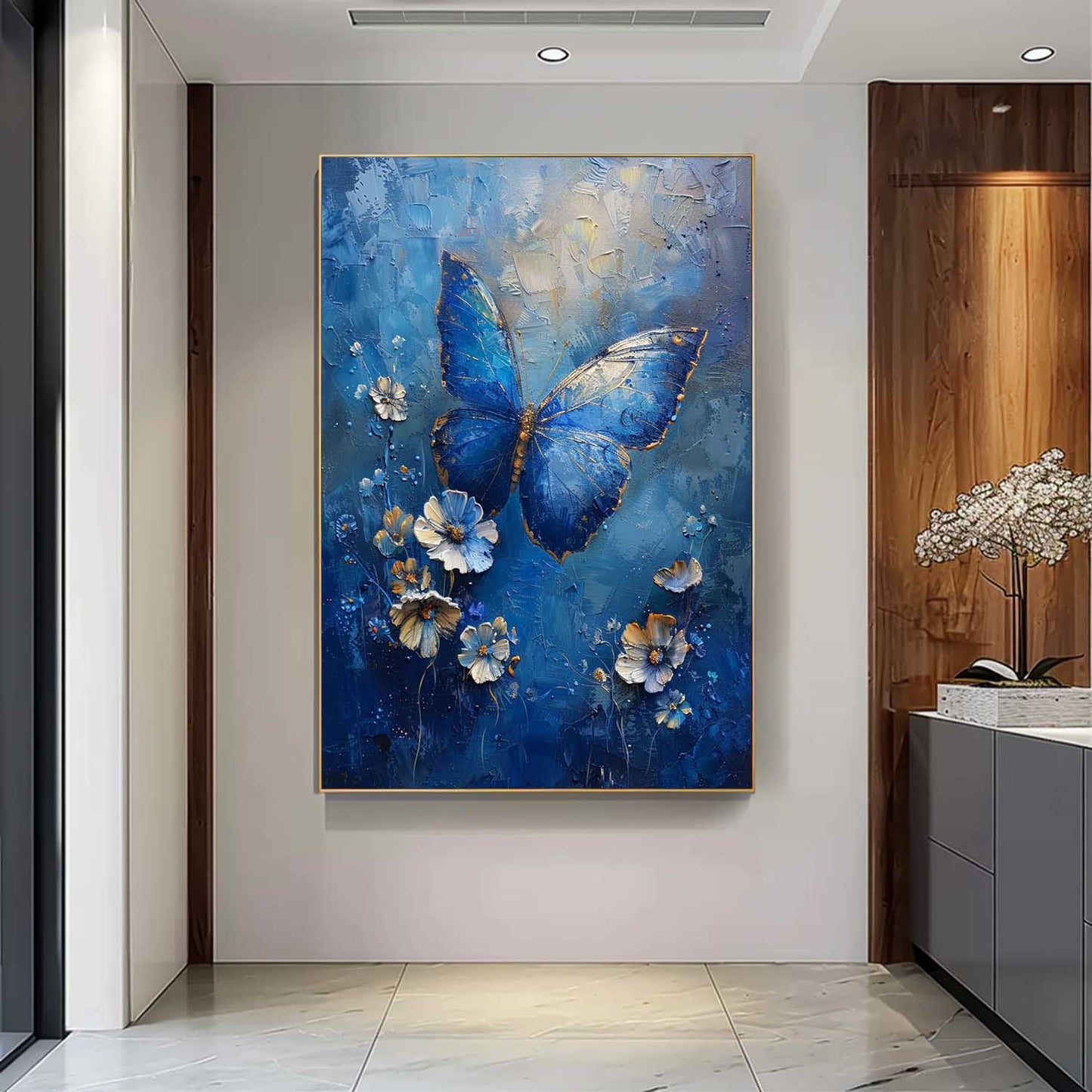 Stunning Blue Butterfly Oil Painting with Floral Accents for Vibrant Home Decor