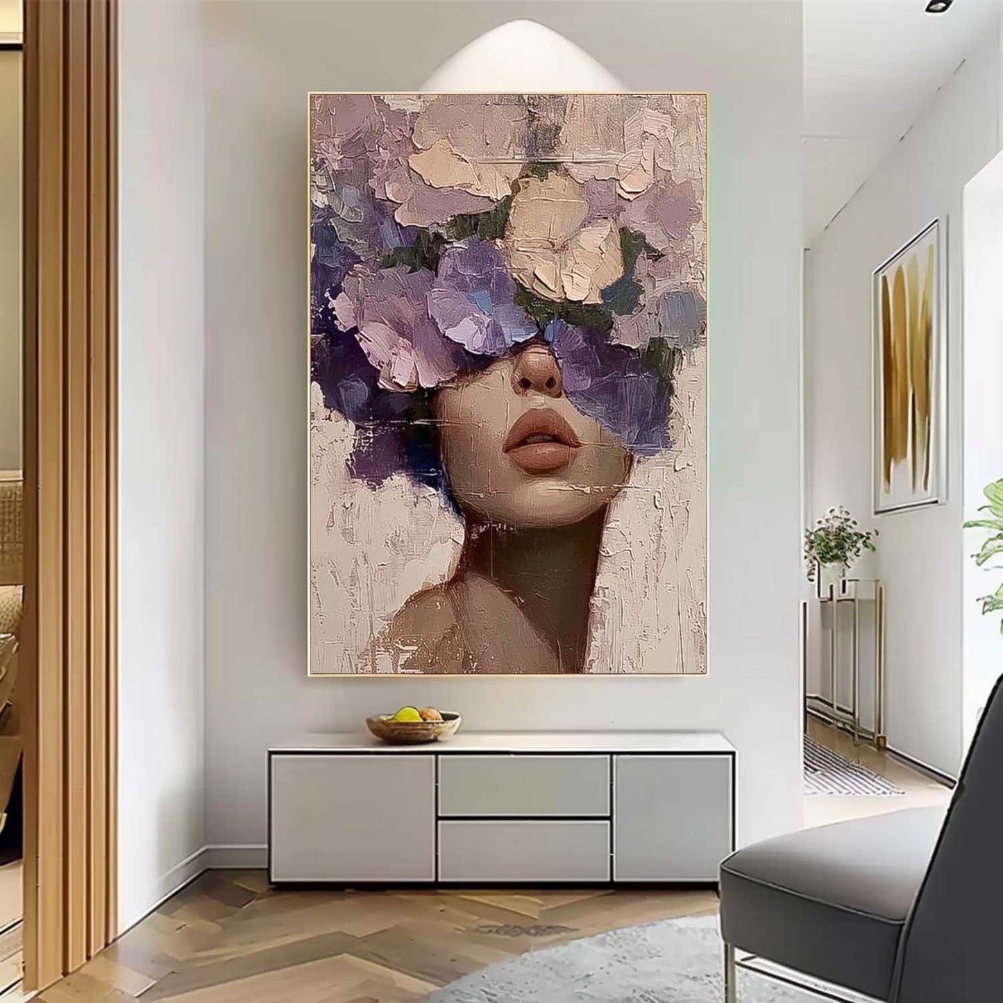 Floral Portrait Oil Painting - Elegant Woman with Flower Crown Canvas Art