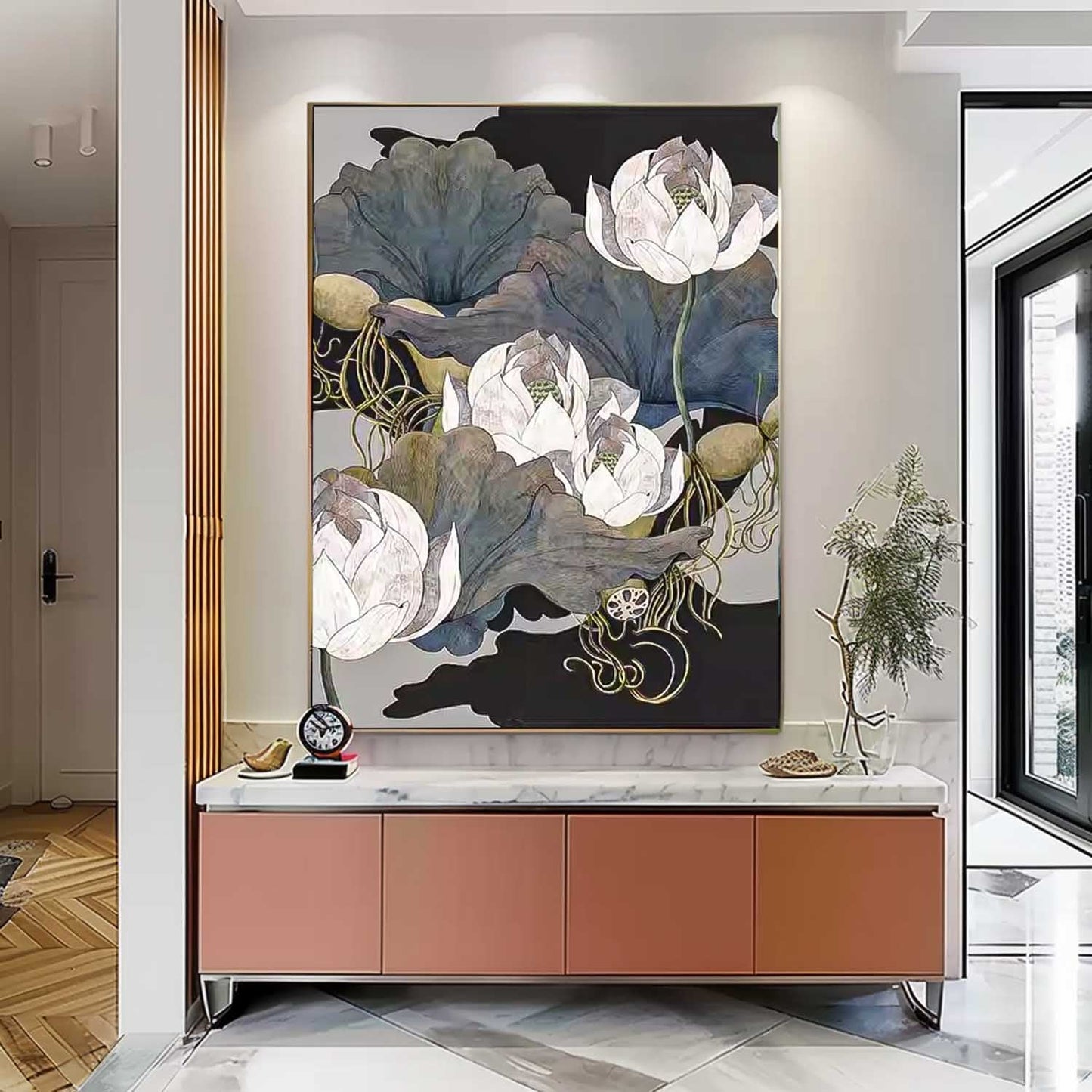 Elegant Flower Oil Painting - Serene Lotus Floral Wall Art for Home Decor