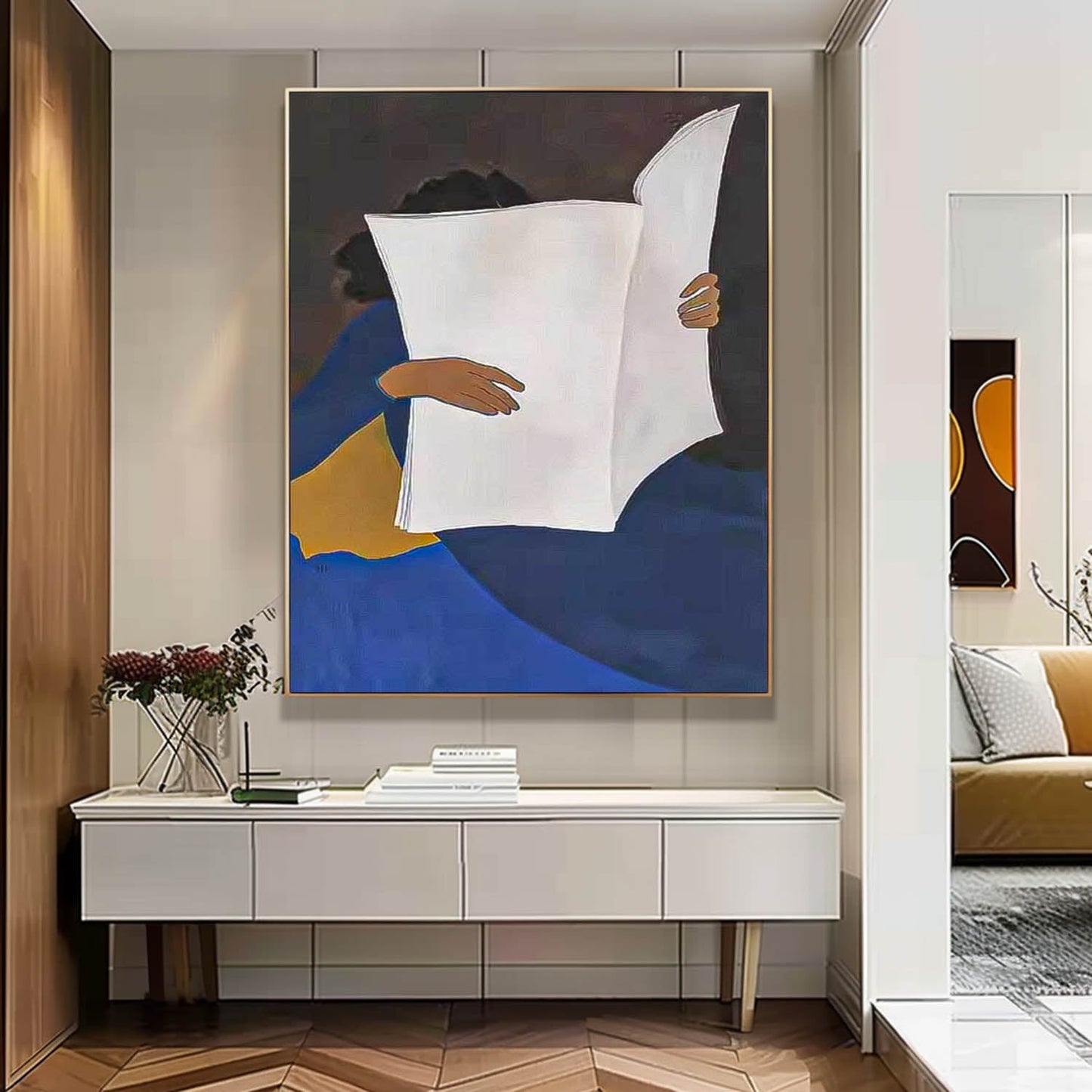 Colorful Abstract Oil Painting of a Person Holding a Blank Canvas