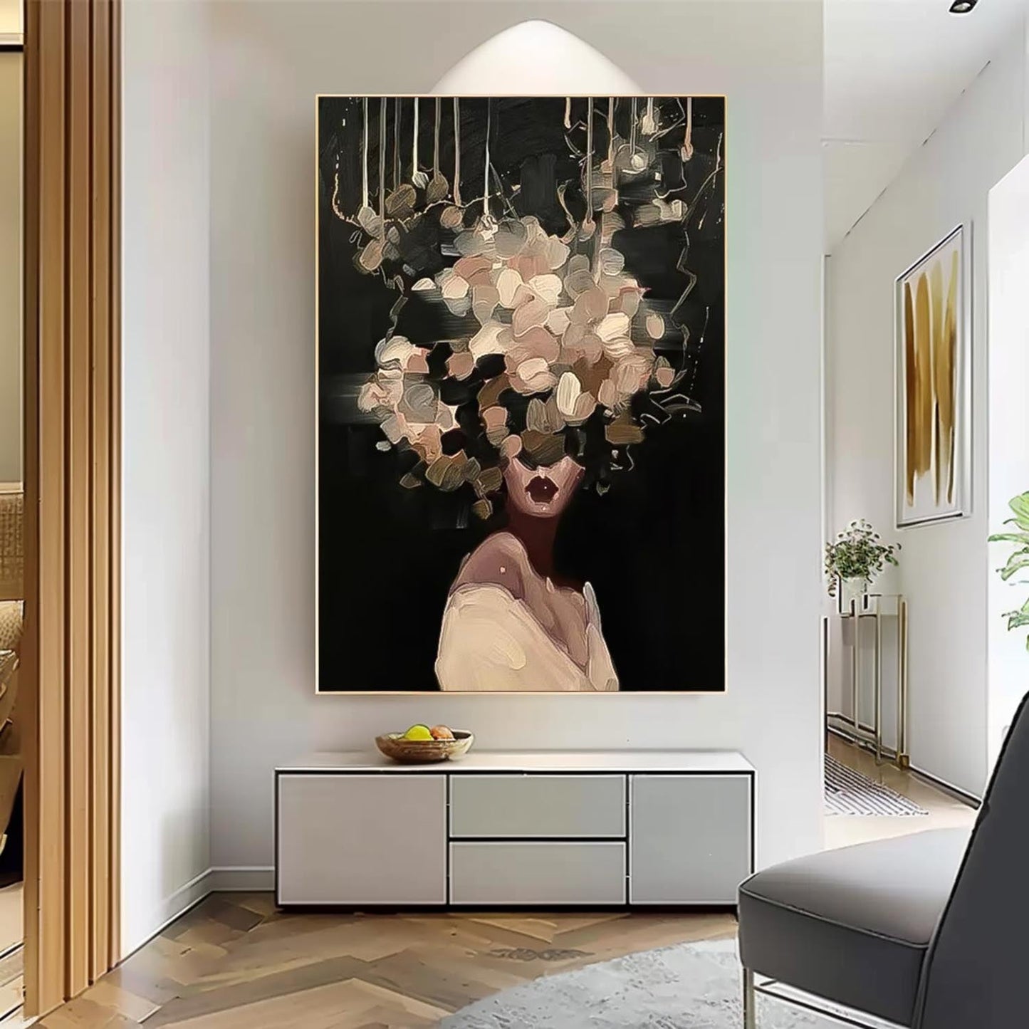 Elegant Woman with Floral Headpiece - Modern Oil Painting for Home Decor