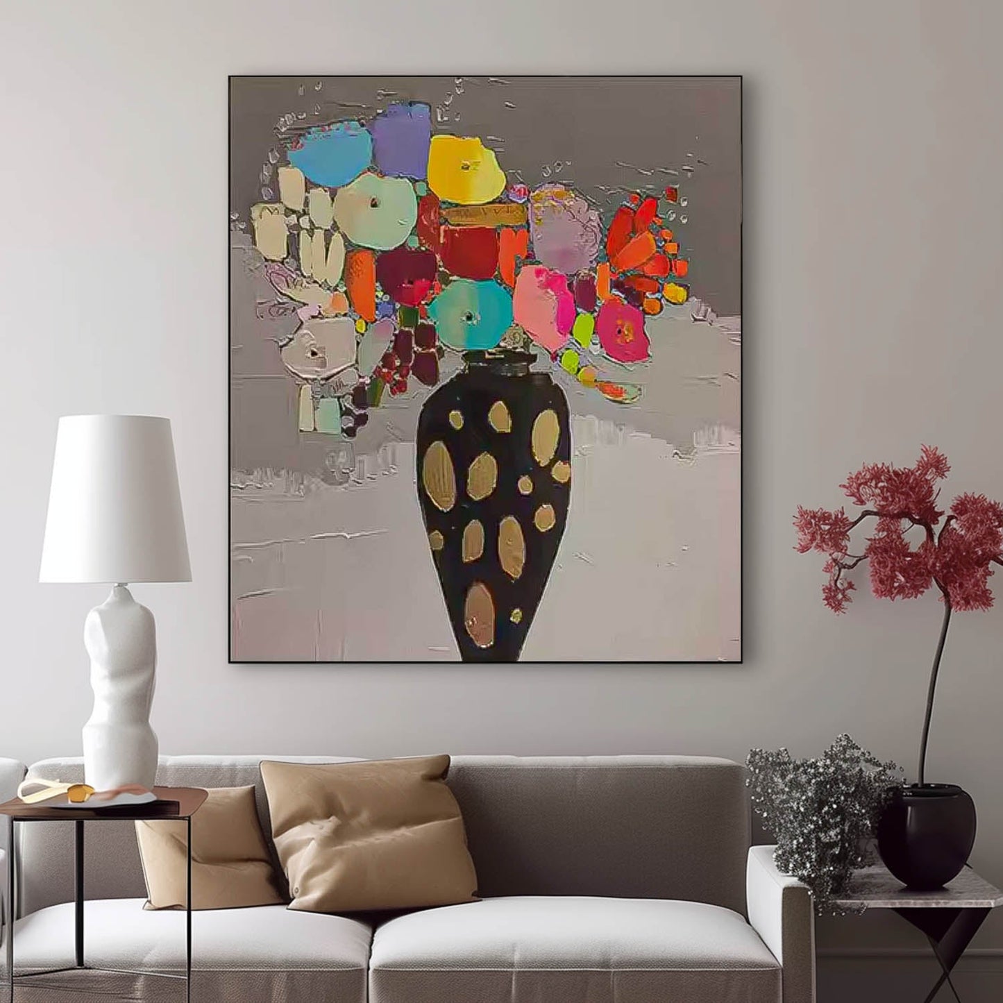 Vibrant Floral Still Life Oil Painting in Elegant Black Vase for Home Decor