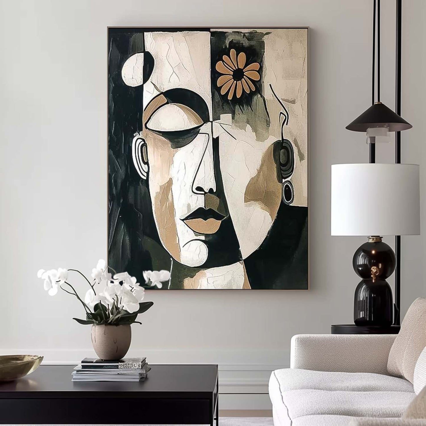 Abstract Faces Oil Painting with Flower Accent for Modern Home Decor