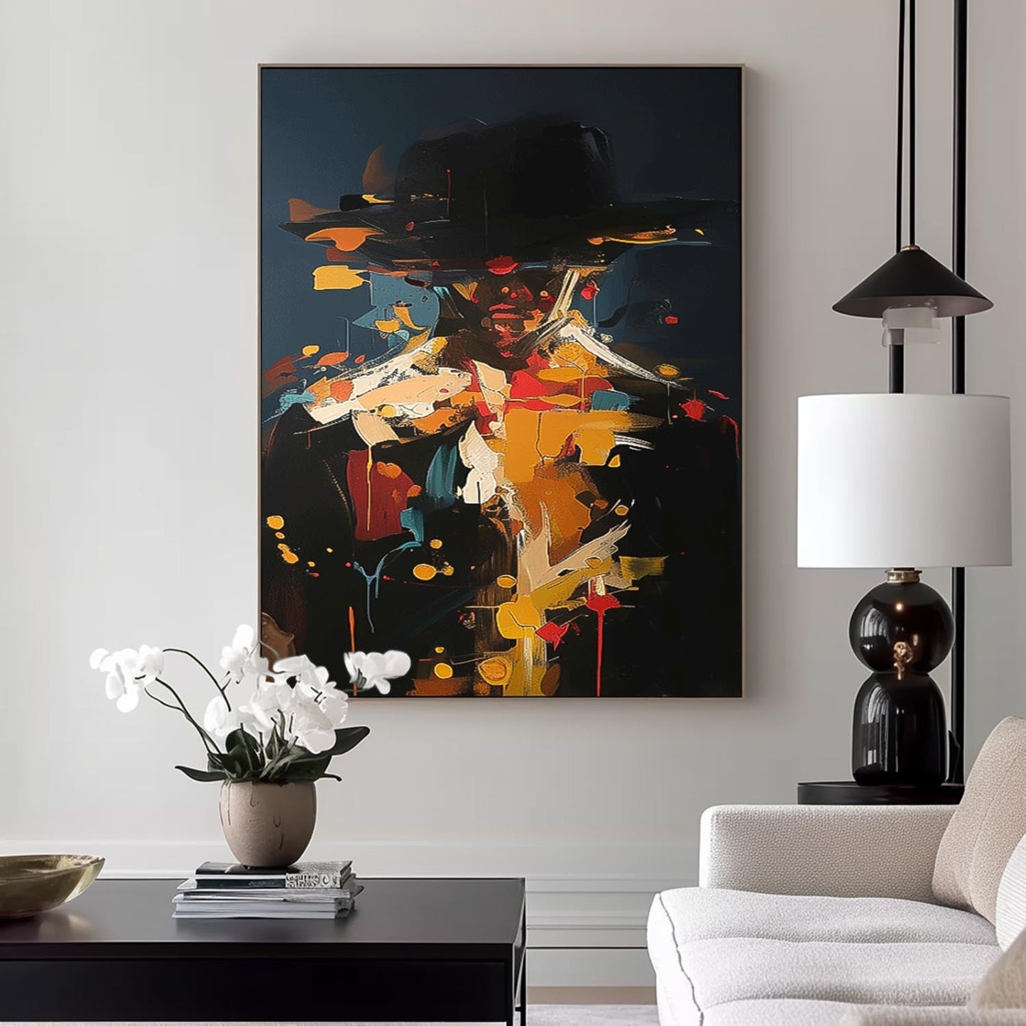 Abstract Figure Oil Painting with Bold Colors and Unique Hat Design