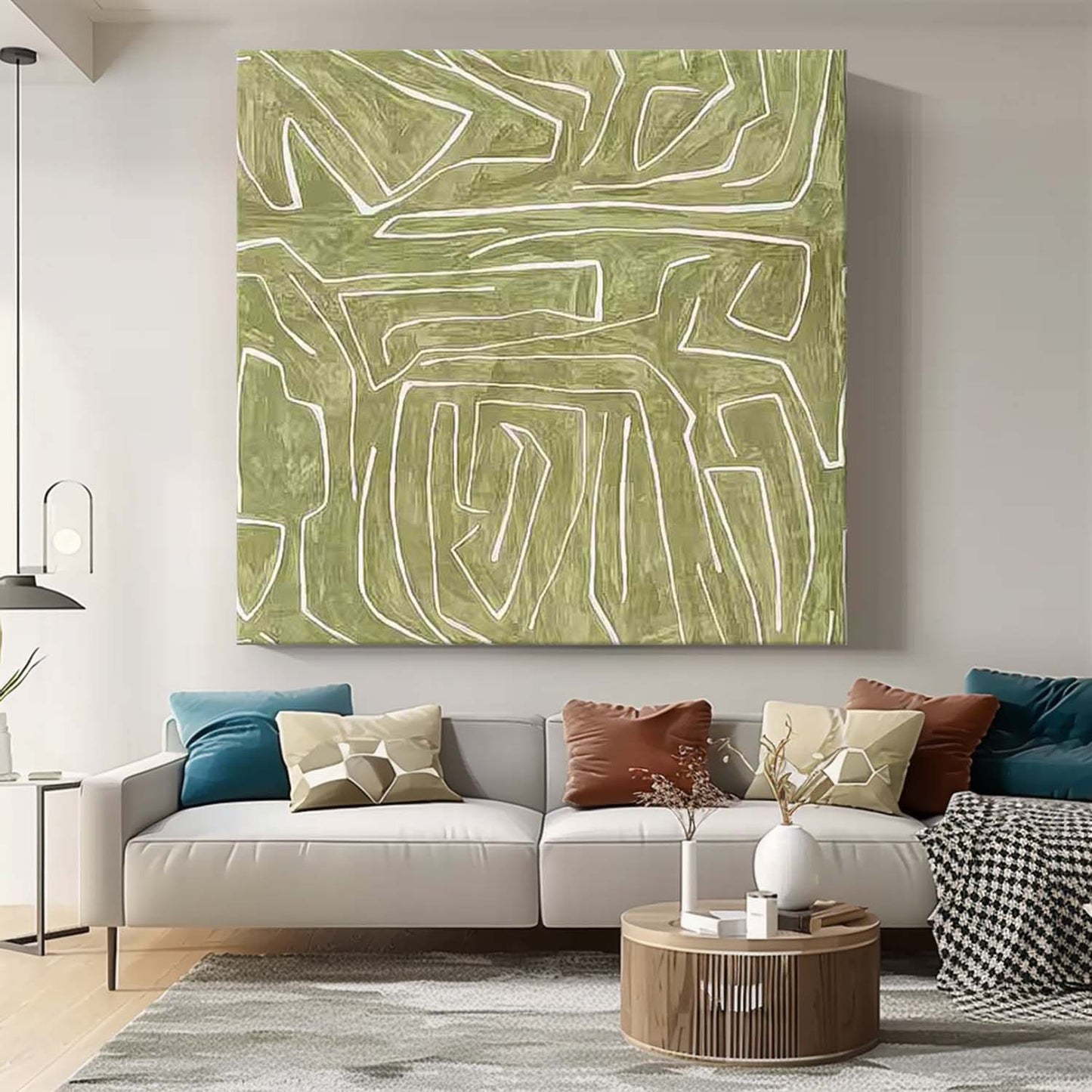 Abstract Green Lines Minimalist Oil Painting for Modern Home Decor