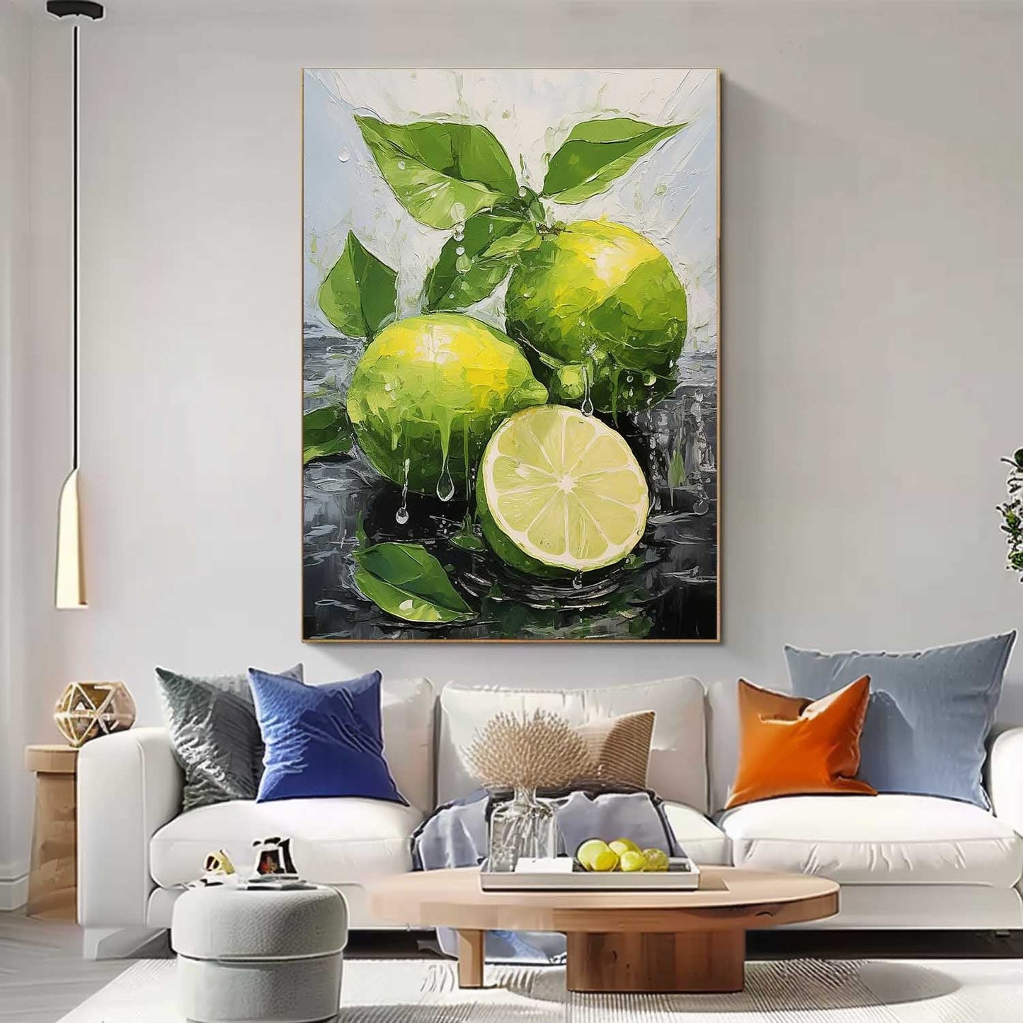 Vibrant Lemon Still Life Oil Painting with Fresh Leaves and Water Drops