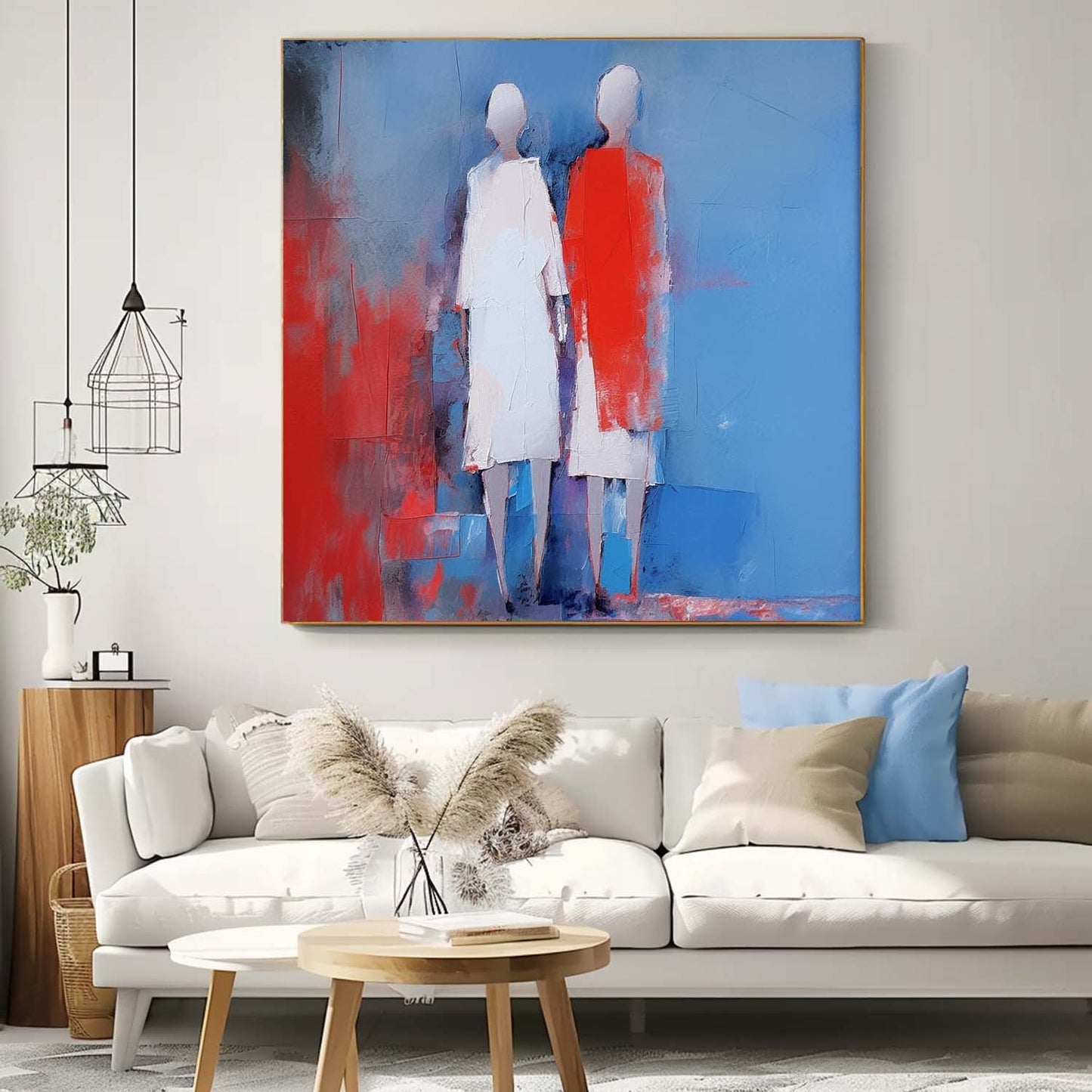 Abstract Oil Painting of Figures in Blue and Red - Modern Canvas Art for Home Decor