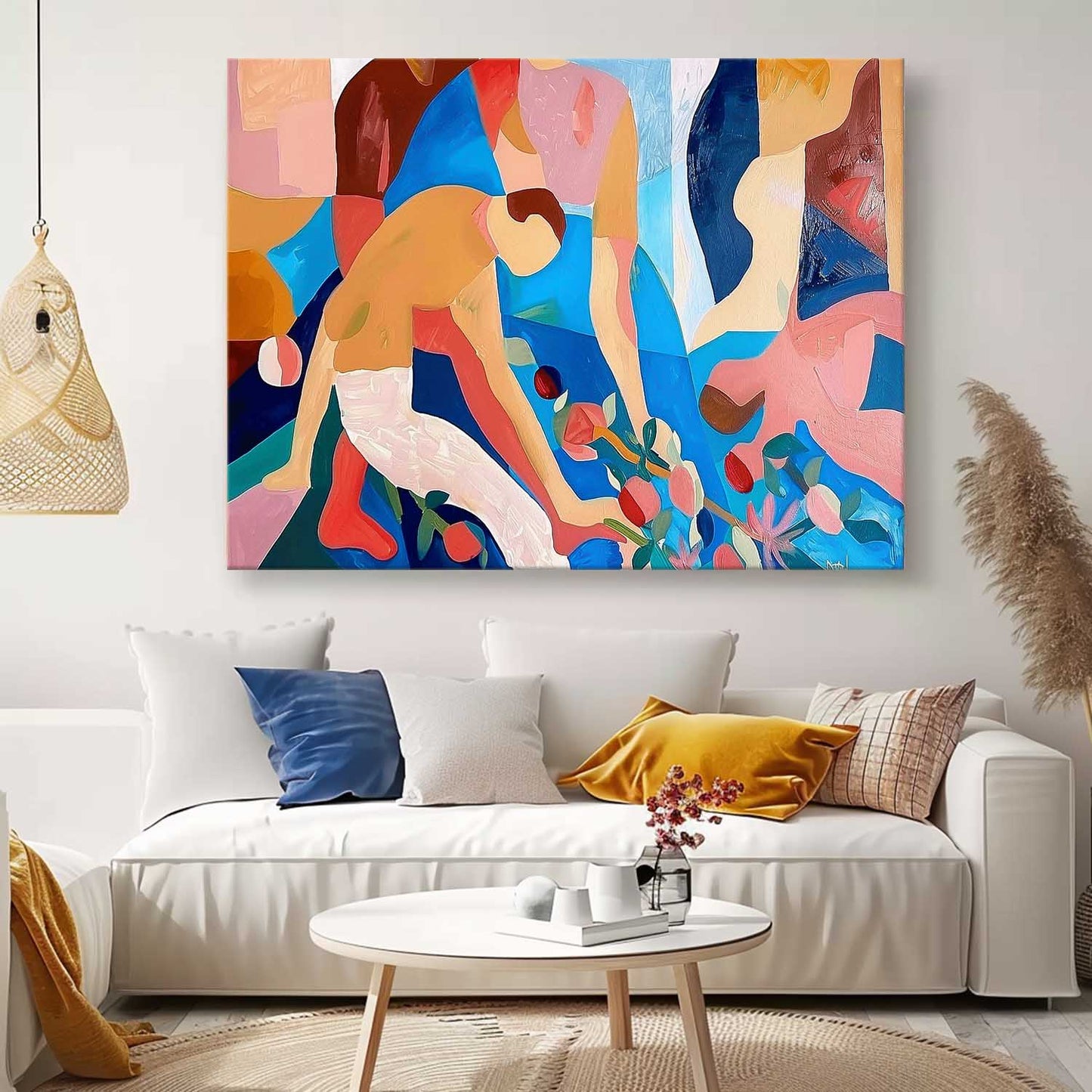 Vibrant Abstract Oil Painting with Colorful Figures and Floral Elements