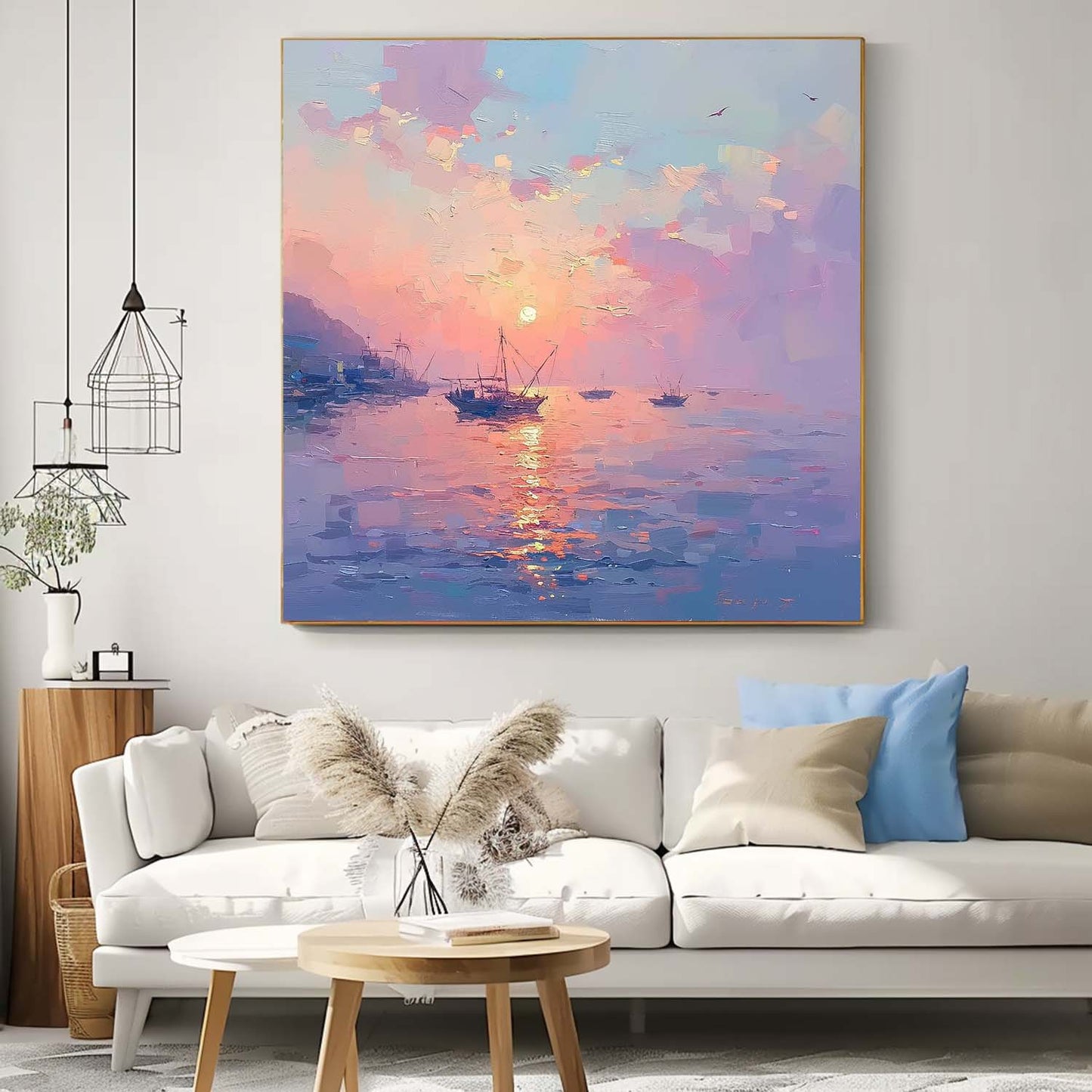 Majestic Sunset Over Tranquil Waters - Serene Oil Painting for Home Decor