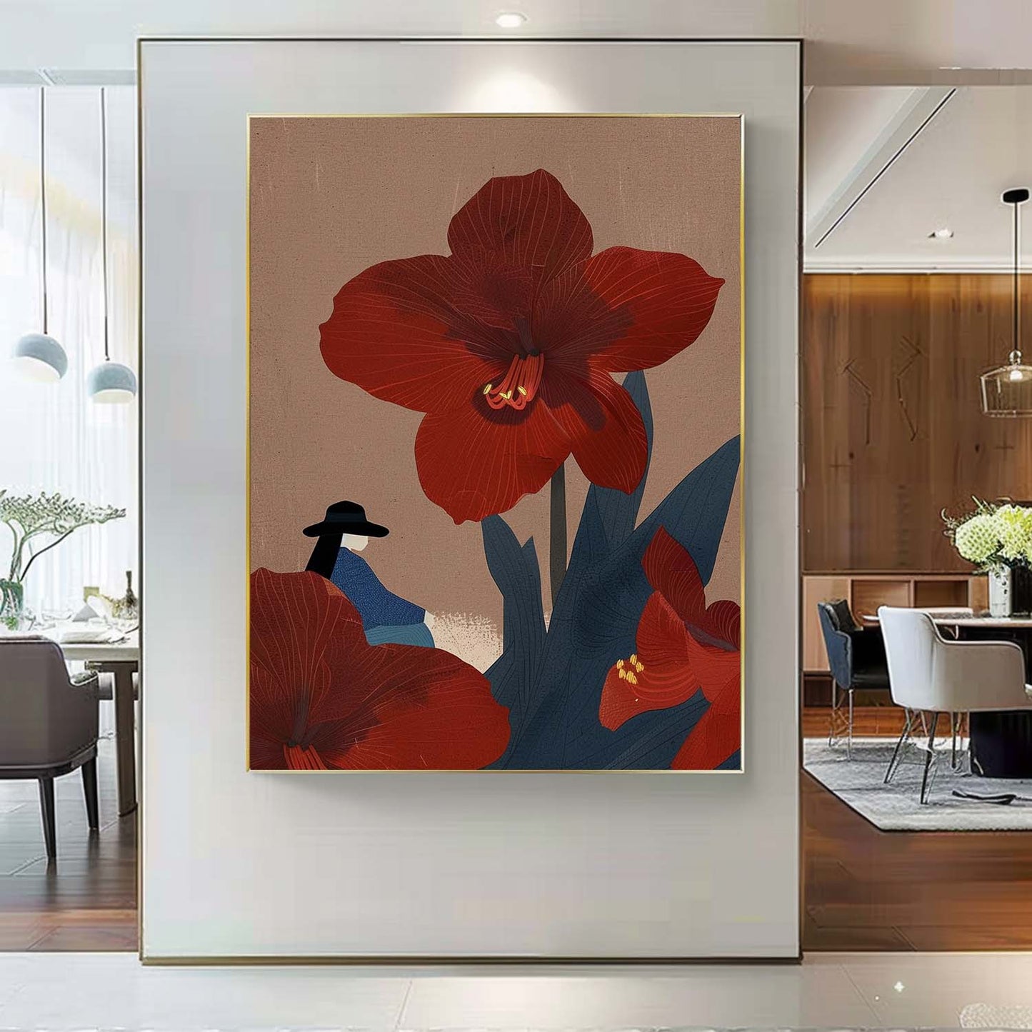 Elegant Red Flower Woman Oil Painting for Modern Home Decor